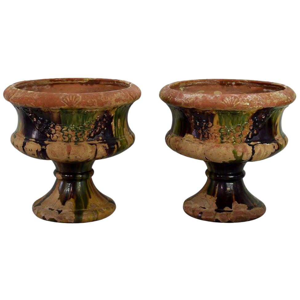 Couple of Early 20th Century French Glazed Terracotta Anduze Planters