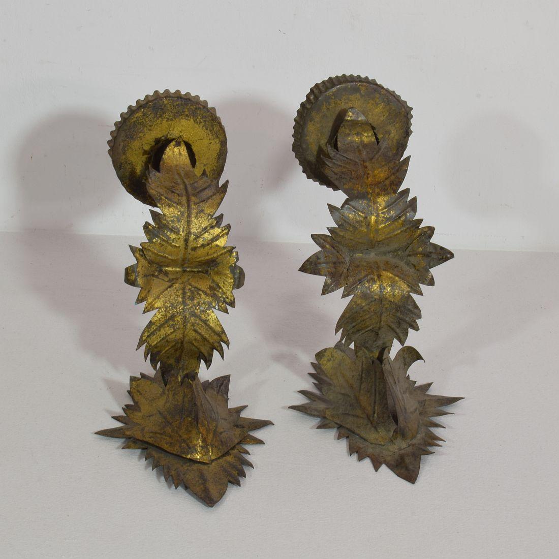 Couple of Early 20th Century Spanish Gilded Metal Wall Candleholders / Sconces 9