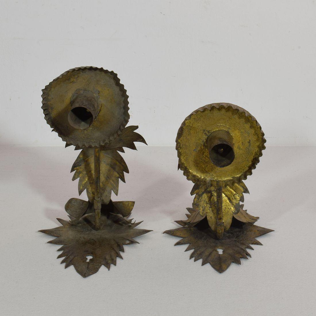 Couple of Early 20th Century Spanish Gilded Metal Wall Candleholders / Sconces 10