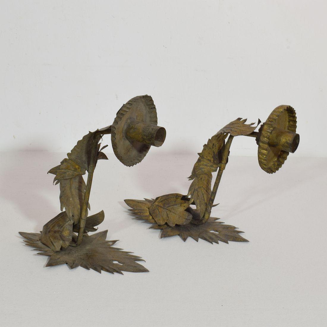 Couple of Early 20th Century Spanish Gilded Metal Wall Candleholders / Sconces 11