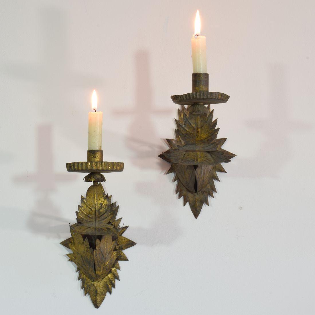 Beautiful couple of rare metal wall candleholders/sconces.
Spain circa 1900-1930, in good but weathered condition.