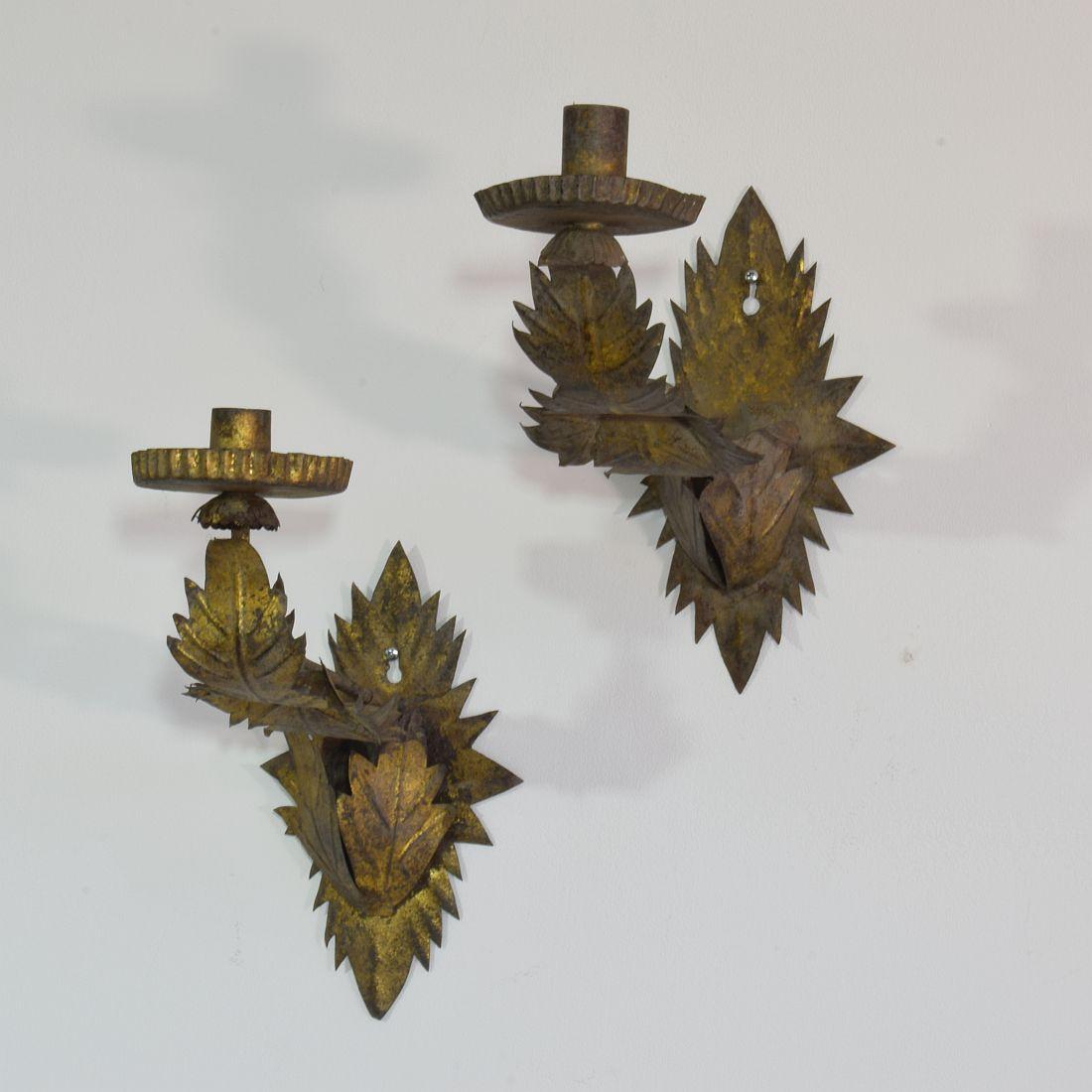 Iron Couple of Early 20th Century Spanish Gilded Metal Wall Candleholders / Sconces