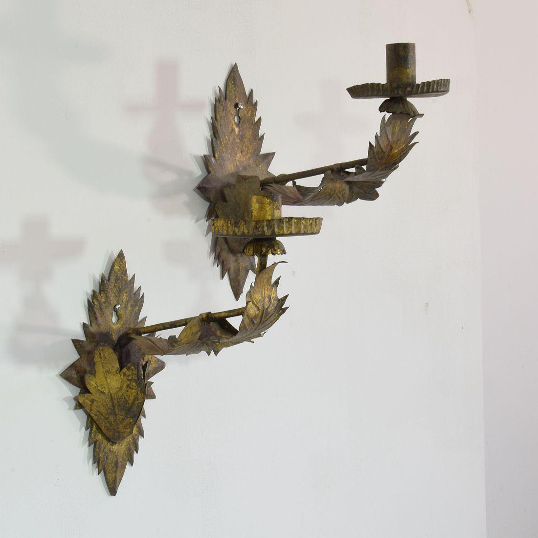 Couple of Early 20th Century Spanish Gilded Metal Wall Candleholders / Sconces 2