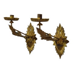 Couple of Early 20th Century Spanish Gilded Metal Wall Candleholders / Sconces