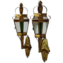 Couple of Early 20th Century Spanish Gilded Metal Wall Lanterns