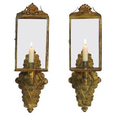 Antique Couple of Early 20th Century Spanish Gilded Metal Wall Lanterns