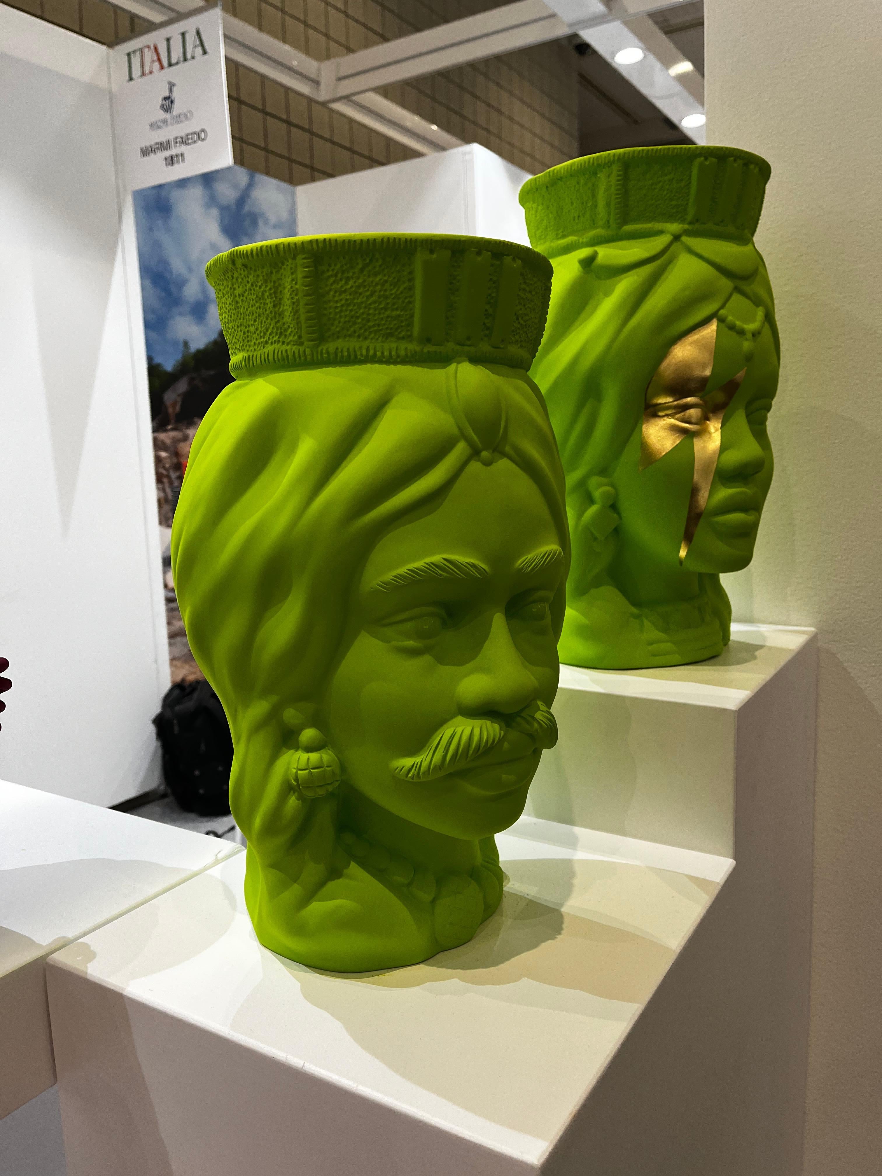 Modern Couple of green Moor Heads, Vase Centerpiece, Handmade in Italy, 2023, Bespoke For Sale