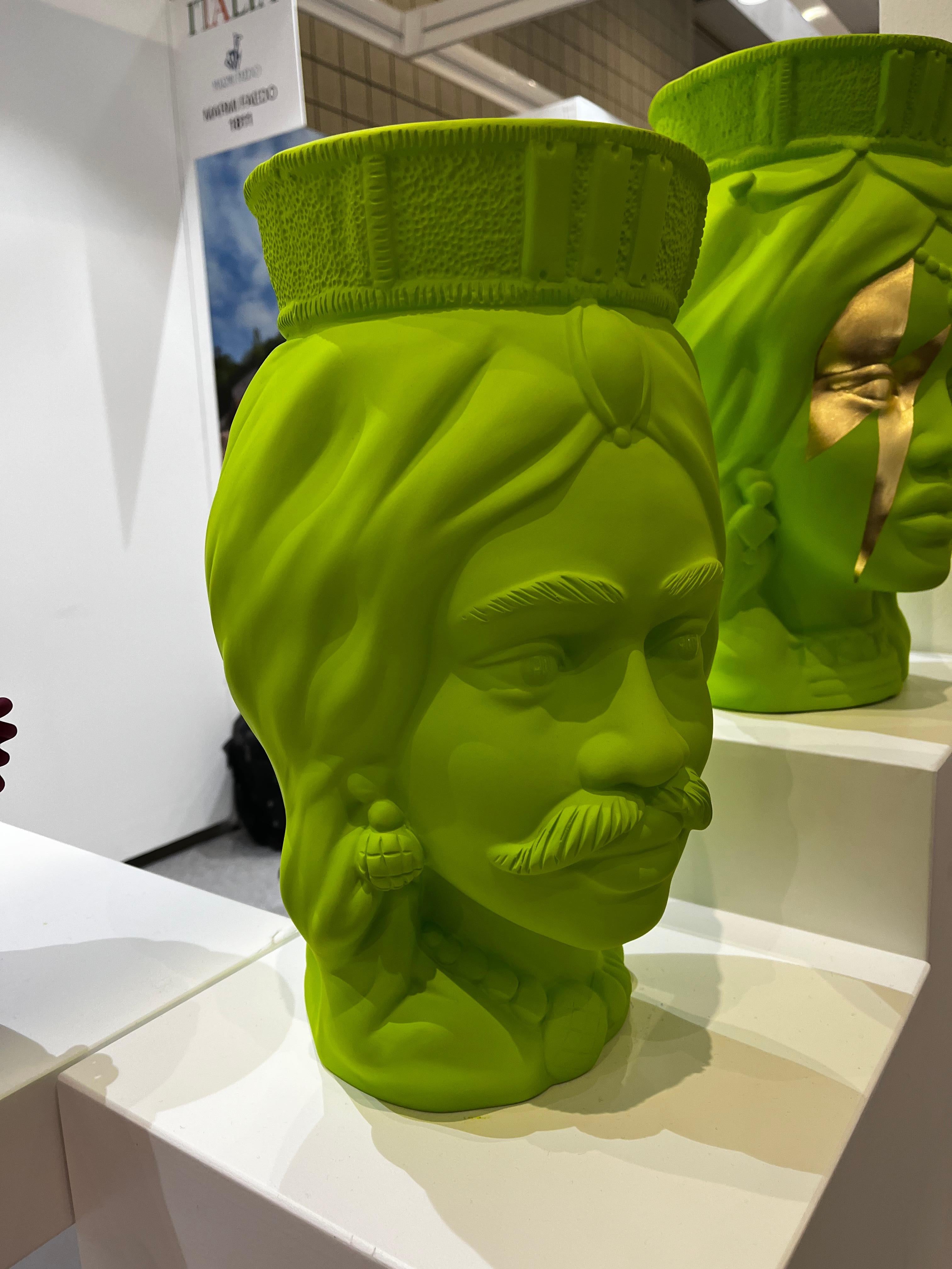 Italian Couple of green Moor Heads, Vase Centerpiece, Handmade in Italy, 2023, Bespoke For Sale
