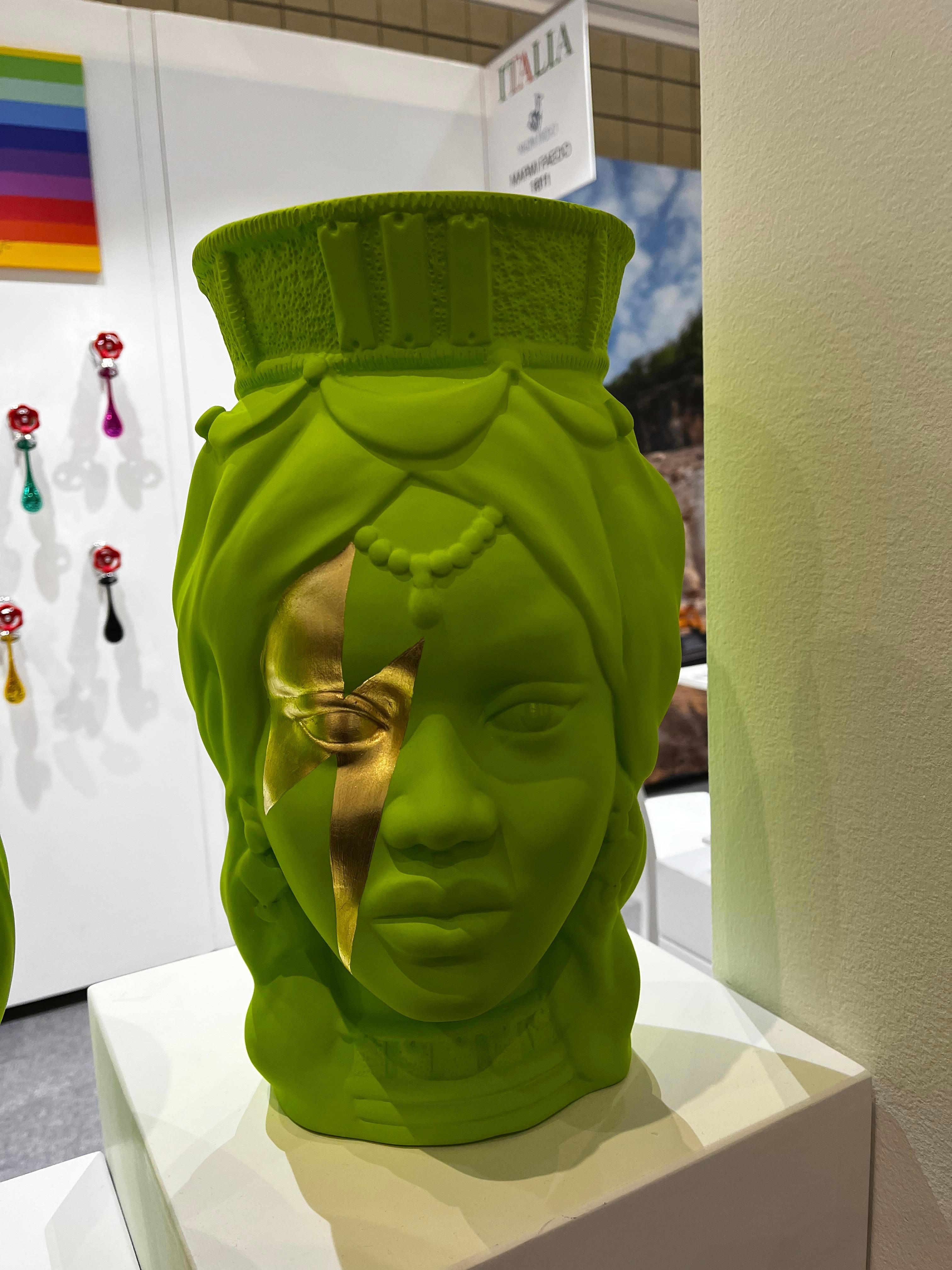 Couple of green Moor Heads, Vase Centerpiece, Handmade in Italy, 2023, Bespoke For Sale 1