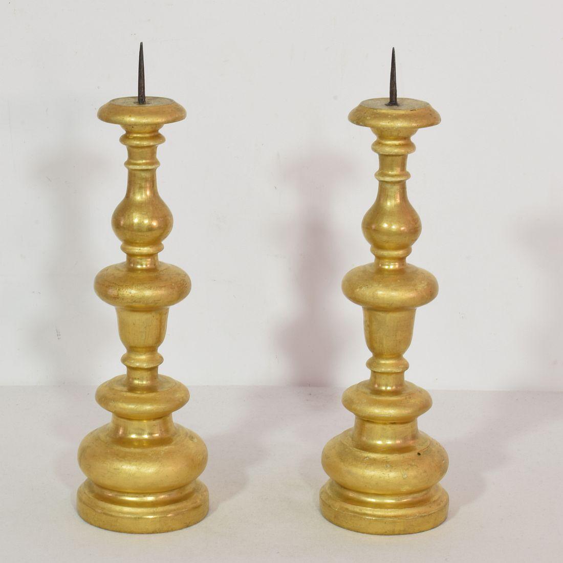 Hand-Crafted Couple of Italian 18th Century Giltwood Baroque Candleholders