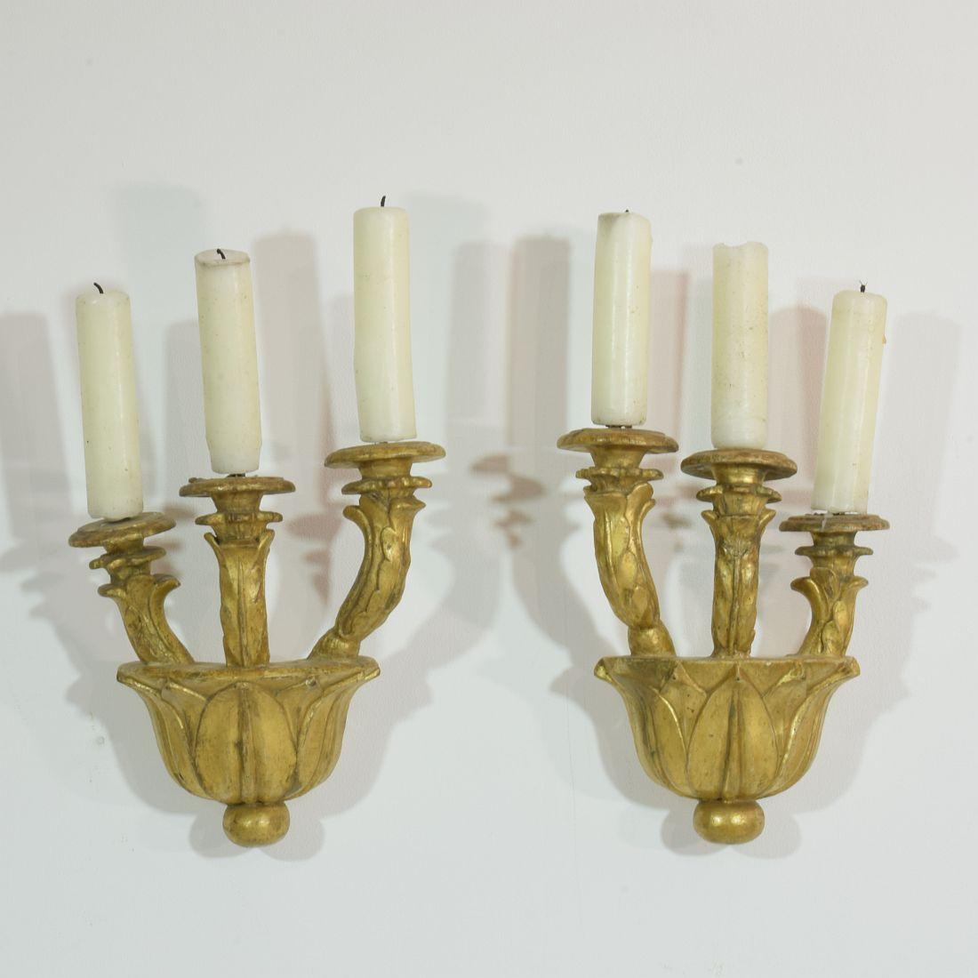Hand-Carved Couple of Italian 18th Century Giltwood Baroque Candleholders or Sconces