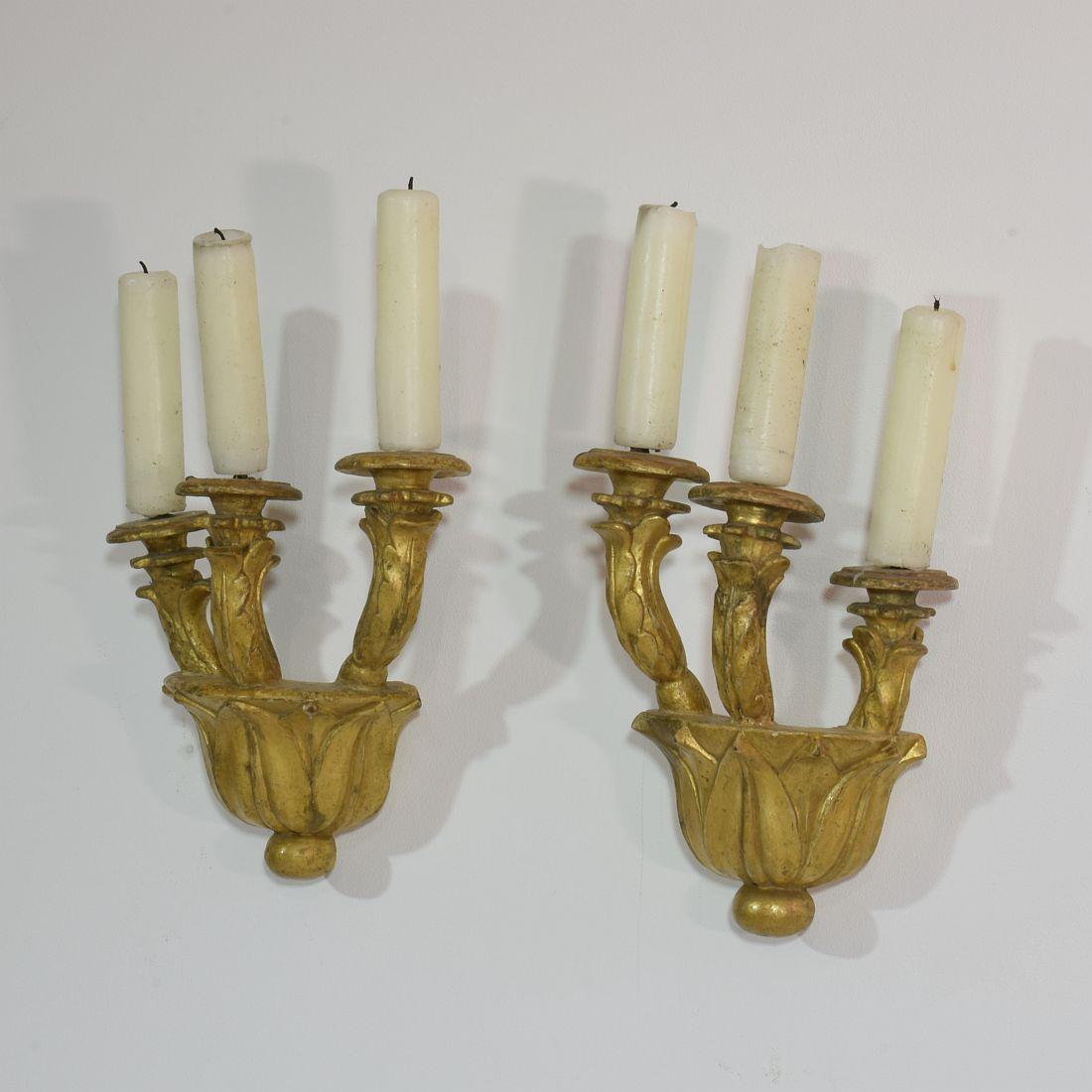 Wood Couple of Italian 18th Century Giltwood Baroque Candleholders or Sconces