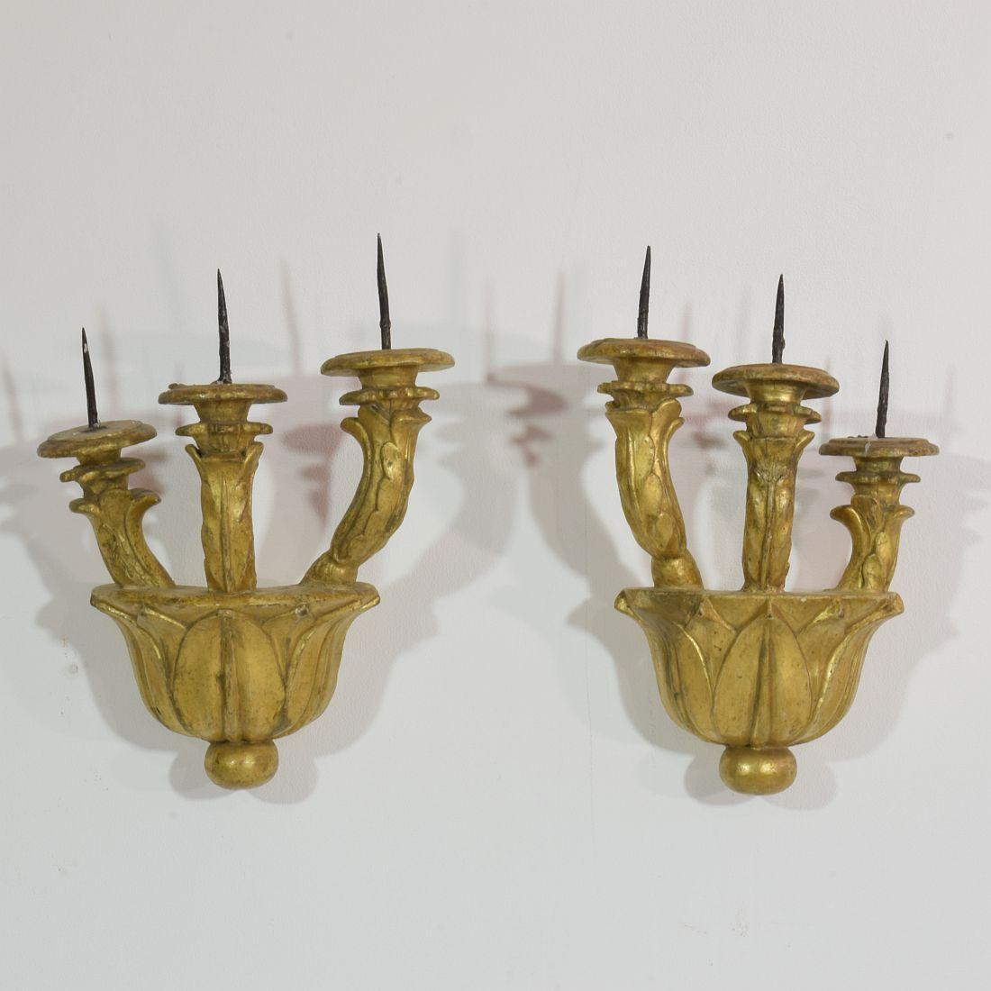 Couple of Italian 18th Century Giltwood Baroque Candleholders or Sconces 1