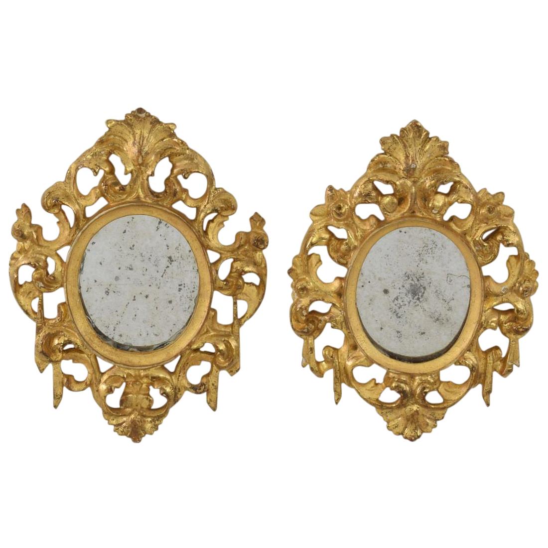 Couple of Italian 18th Century Giltwood Baroque Miniature Mirrors