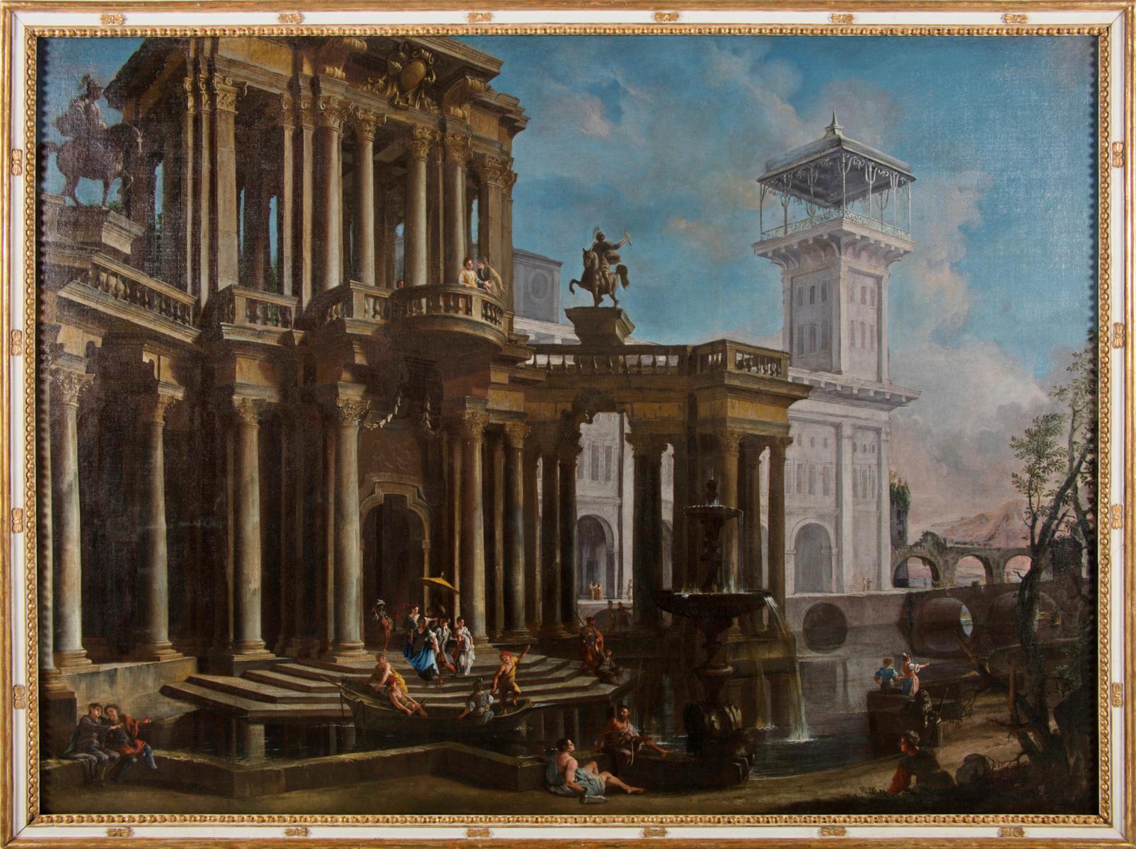 Francesco Aviani (Italy - Venice, 25-11-1662 / 1715) att.
Couple of paintings depicting Capricci
Oil on canvas, 135 x 183 cm, without frame

The two large and fine paintings depict two illusionistic architectural renderings, with views of