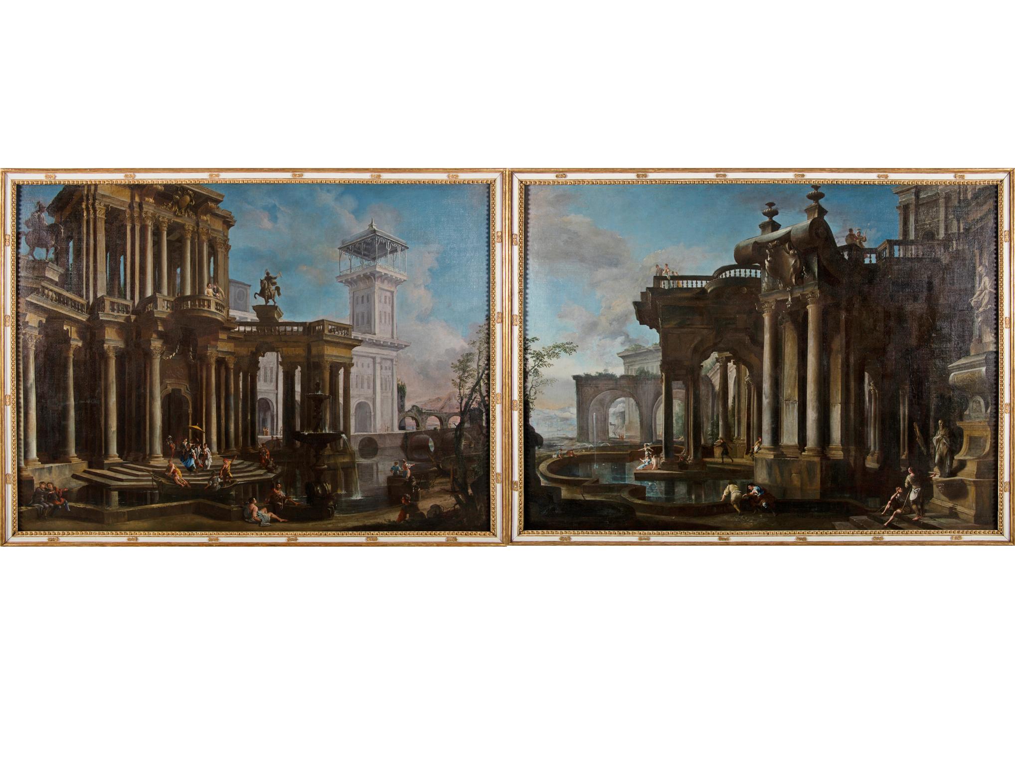 Painted Couple of Italian Paintings Depicting Capricci, Francesco Aviani ‘1662-1715’ For Sale