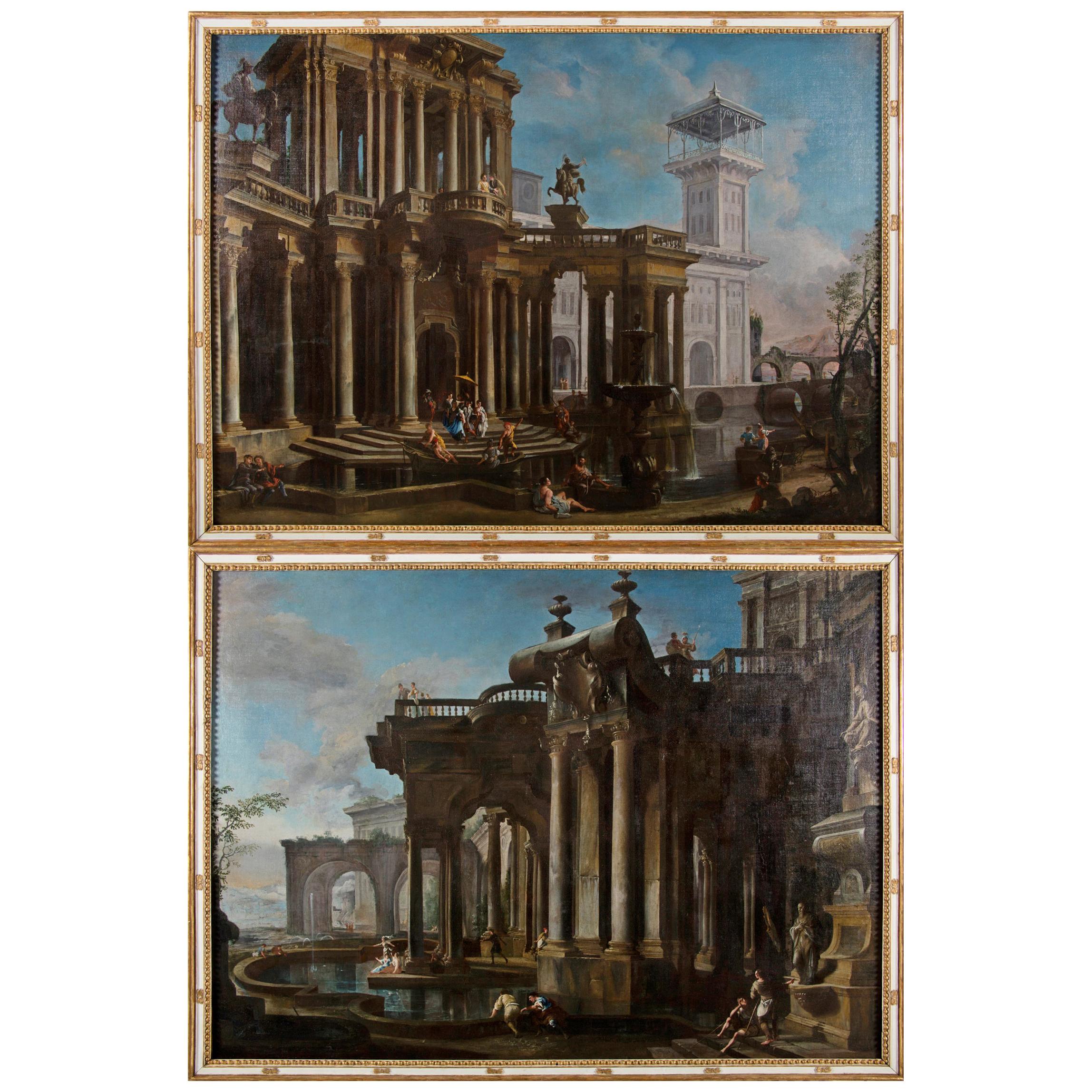 Pareja de cuadros italianos que representan a Capricci, Francesco Aviani '1662-1715'