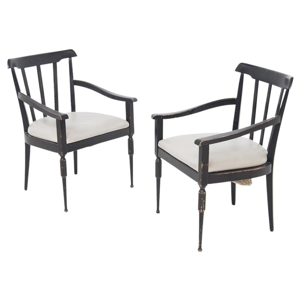 Couple of Italian Vintage Armchairs in Black Wood and White Leather For Sale