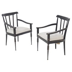 Couple of Italian Vintage Armchairs in Black Wood and White Leather