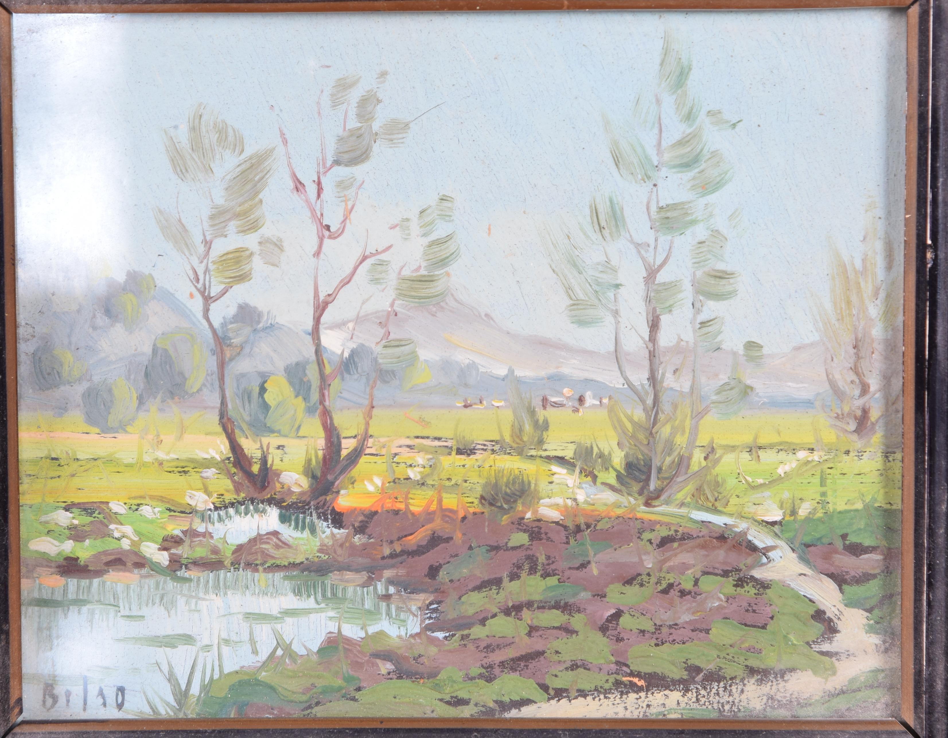 Couple of landscapes. Oil on canvas. Spanish school (BILSO), 20th century. 
Signed in the lower corners. 
Pair of landscapes or notes of rural landscapes with trees, mountains and buildings, etc., which appear signed “BILSO” (lower left corner;