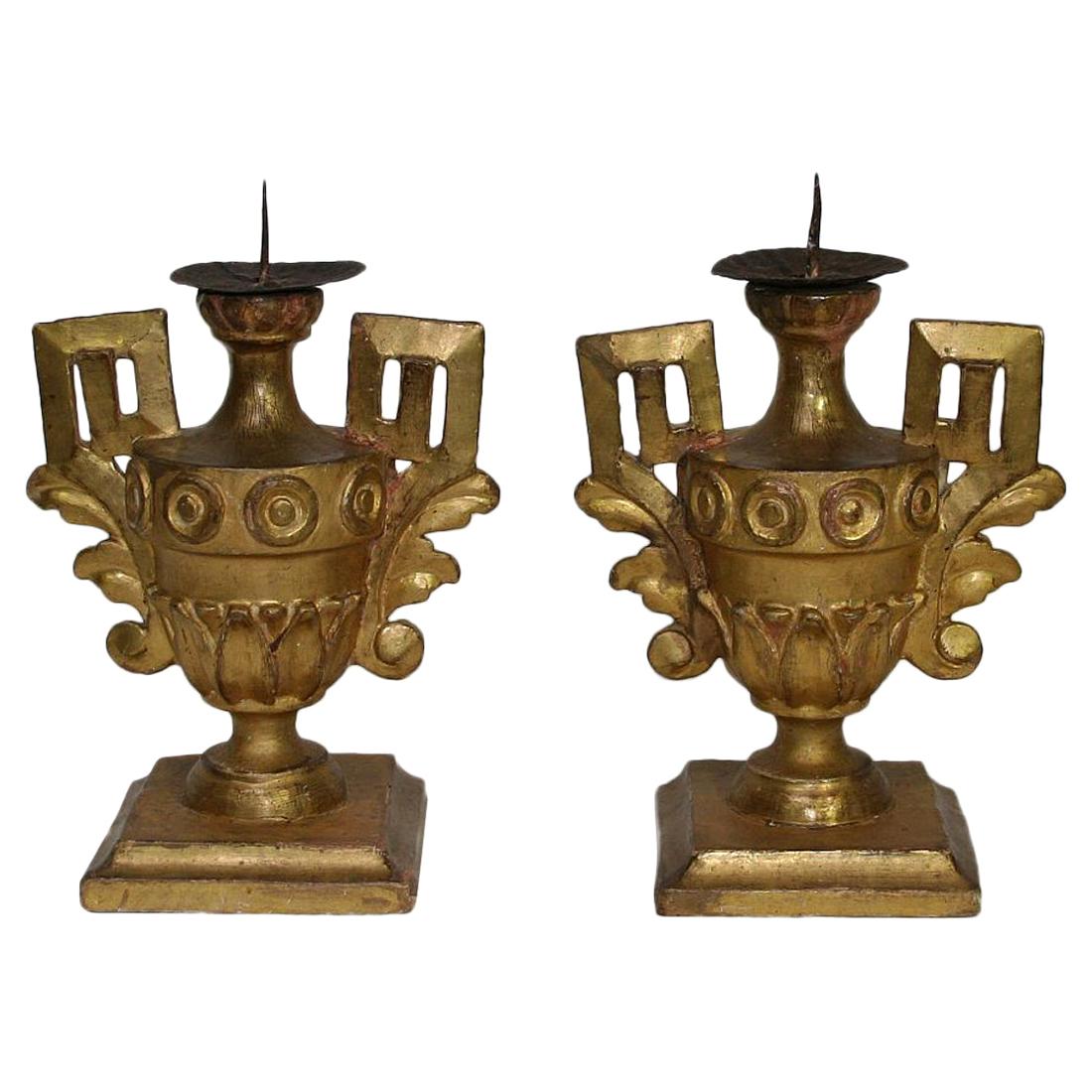 Couple of Late 18th Century Italian Giltwood Neoclassical Candlesticks