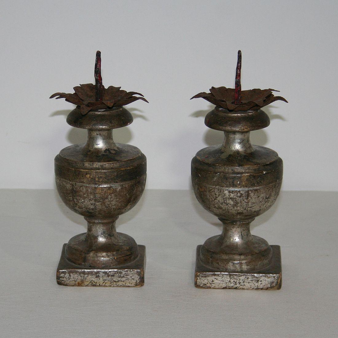 Wood Couple of Late 18th Century Italian Neoclassical Silvered Candlesticks