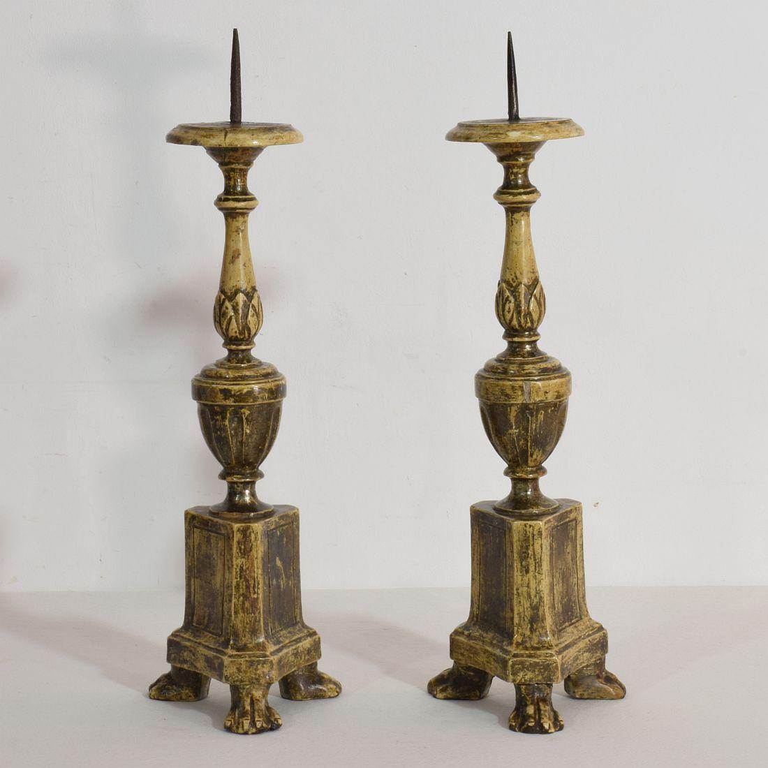 Great pair of carved wooden candleholders with beautiful warm patine of faded silver,
Italy, circa 1780-1800.
Weathered and small losses.