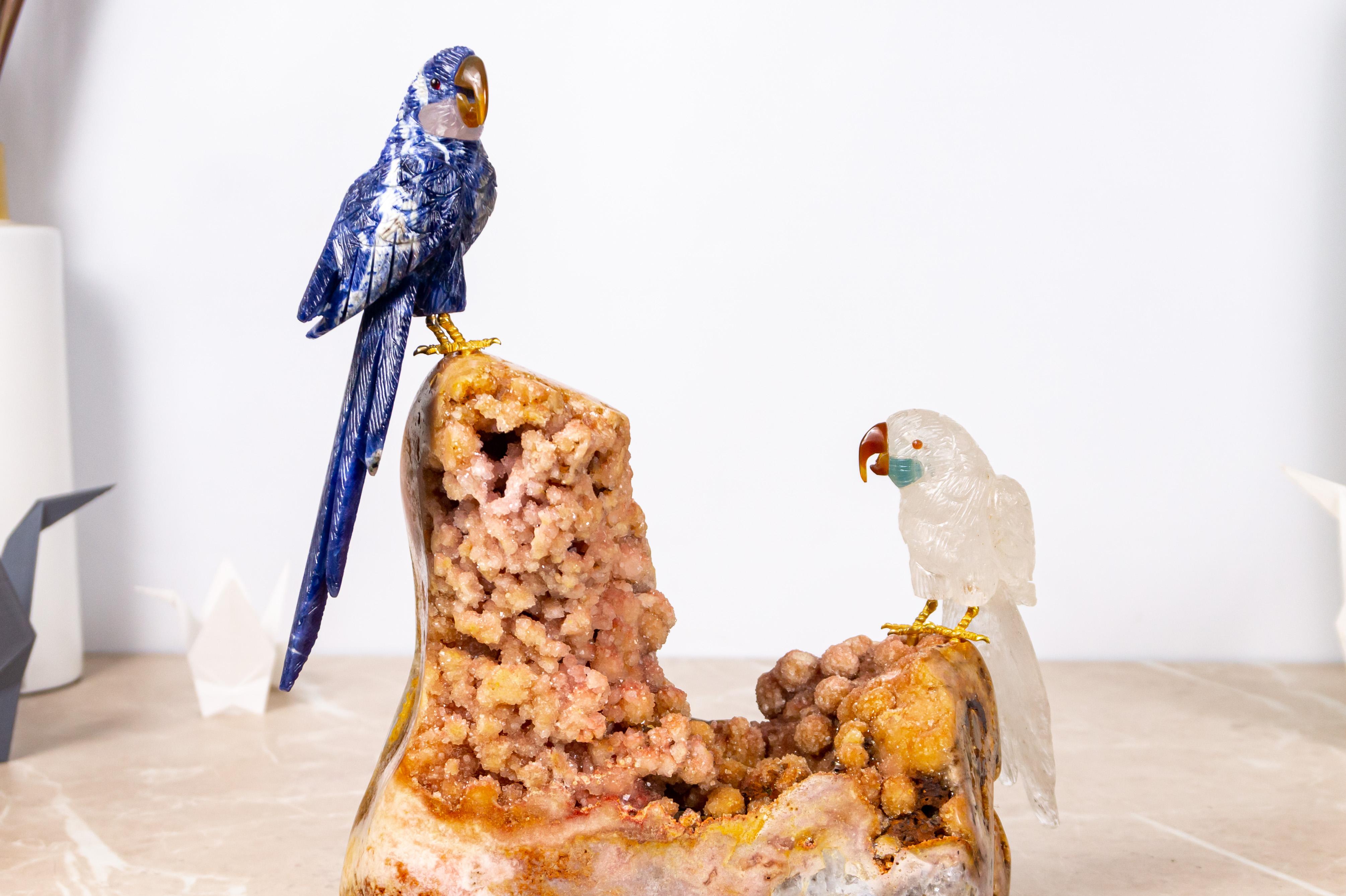 Couple of Parrots Sculpture by Renowned Carver Venturini - Blue and Rose Parrots For Sale 5