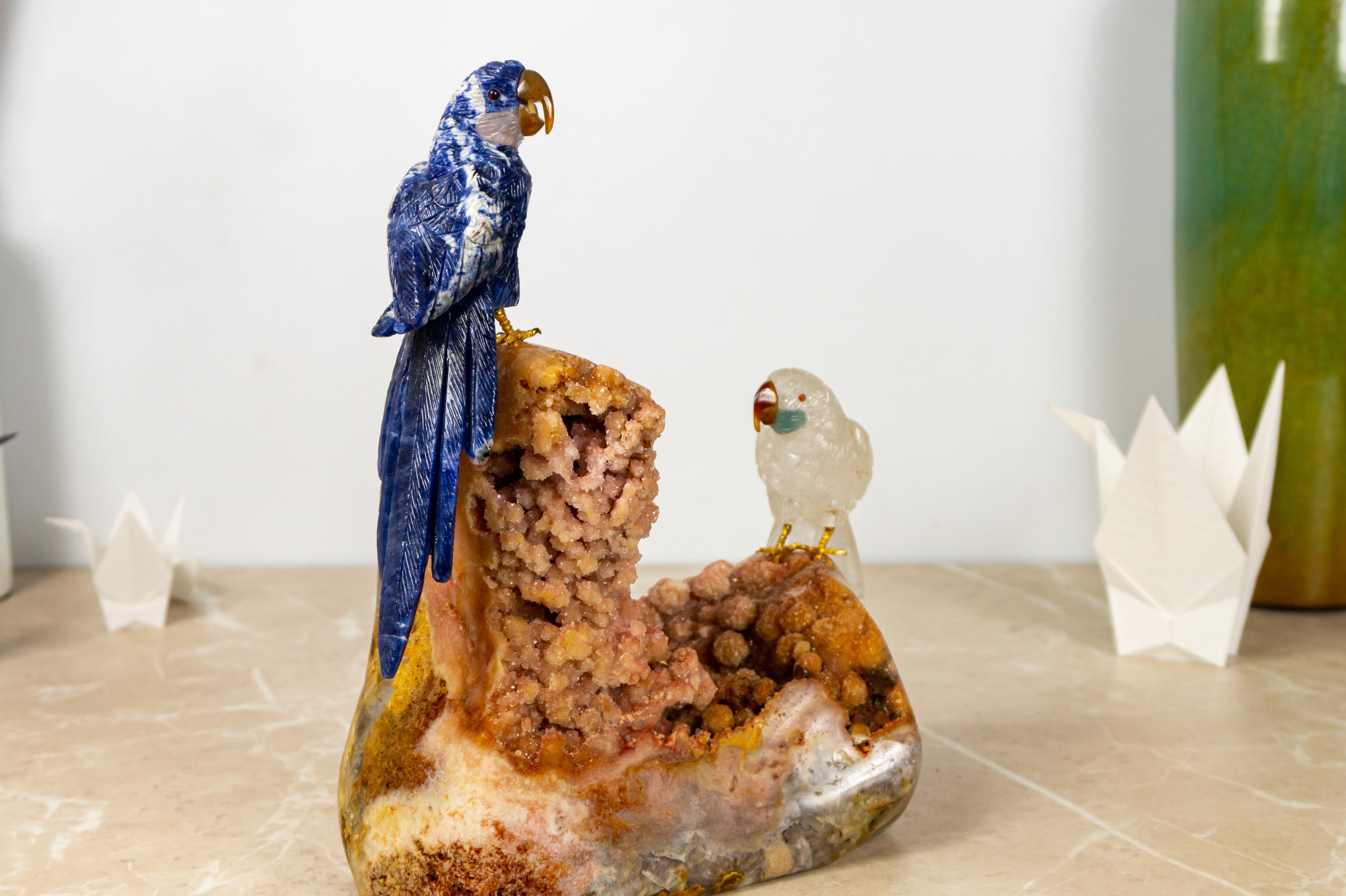 Couple of Parrots Sculpture by Renowned Carver Venturini - Blue and Rose Parrots For Sale 6