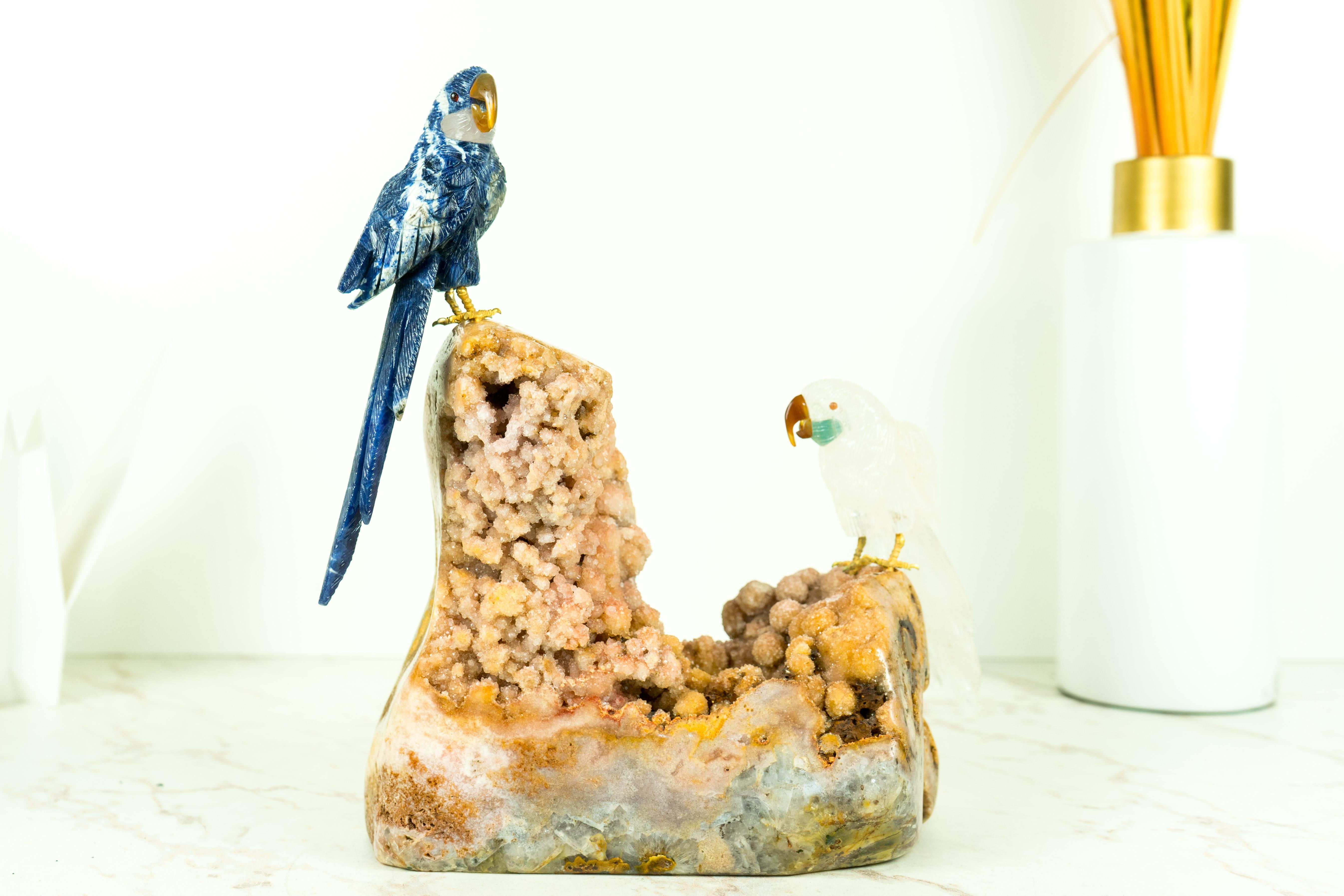 Brazilian Couple of Parrots Sculpture by Renowned Carver Venturini - Blue and Rose Parrots For Sale
