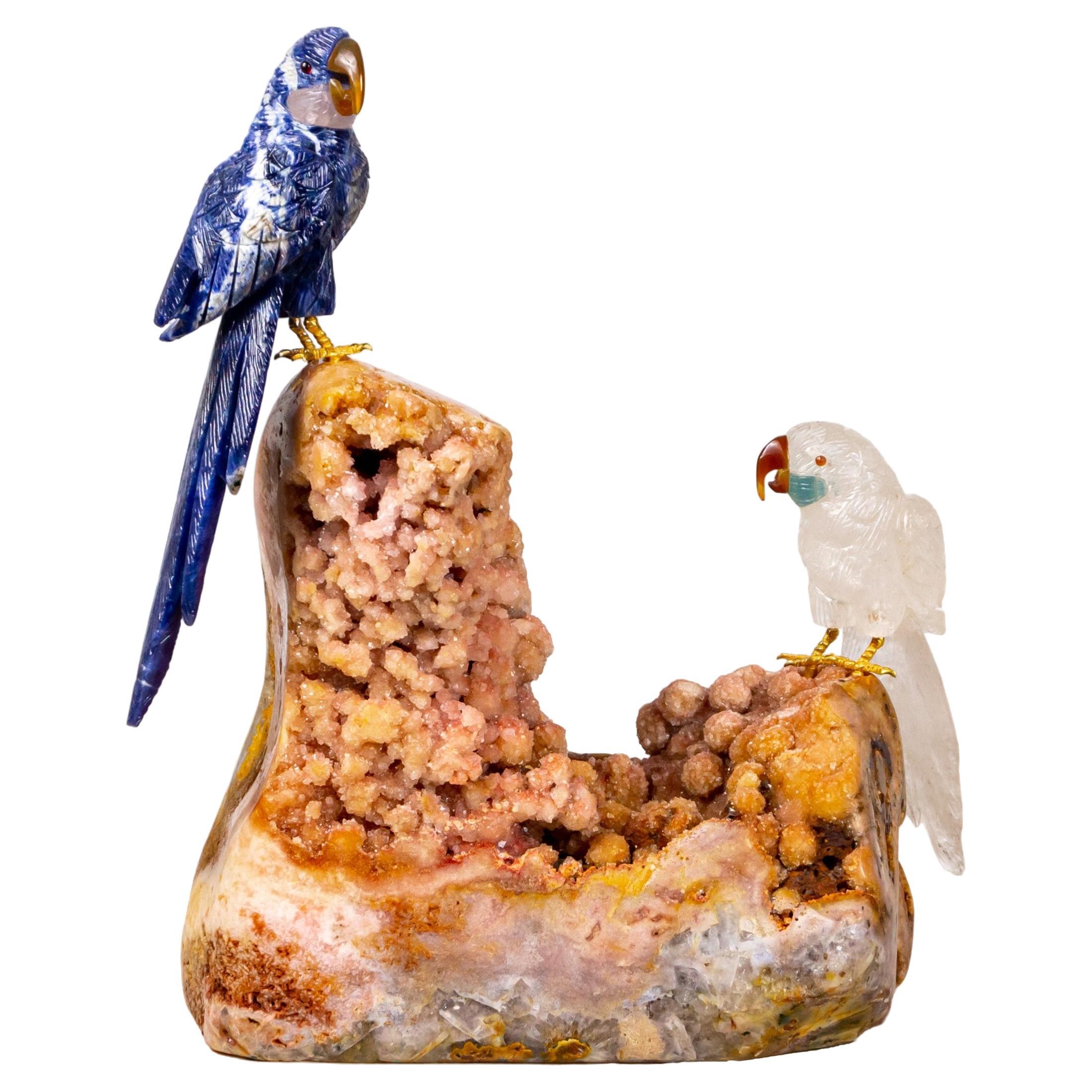 Couple of Parrots Sculpture by Renowned Carver Venturini - Blue and Rose Parrots For Sale