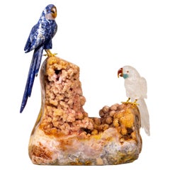 Paar Papageien-Skulptur des renommierten Schnitzers Venturini - Blaue und rote Papageien