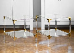 Couple of Plexi Coffee Tables with Brass Details and Crystal Top, 1980