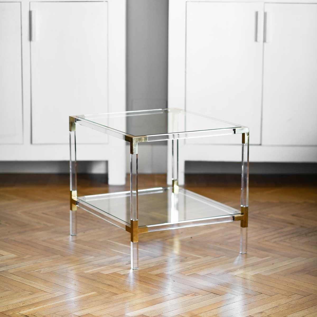 Late 20th Century Couple of Plexi Coffee Tables with Brass Details and Crystal Top, 1980 For Sale