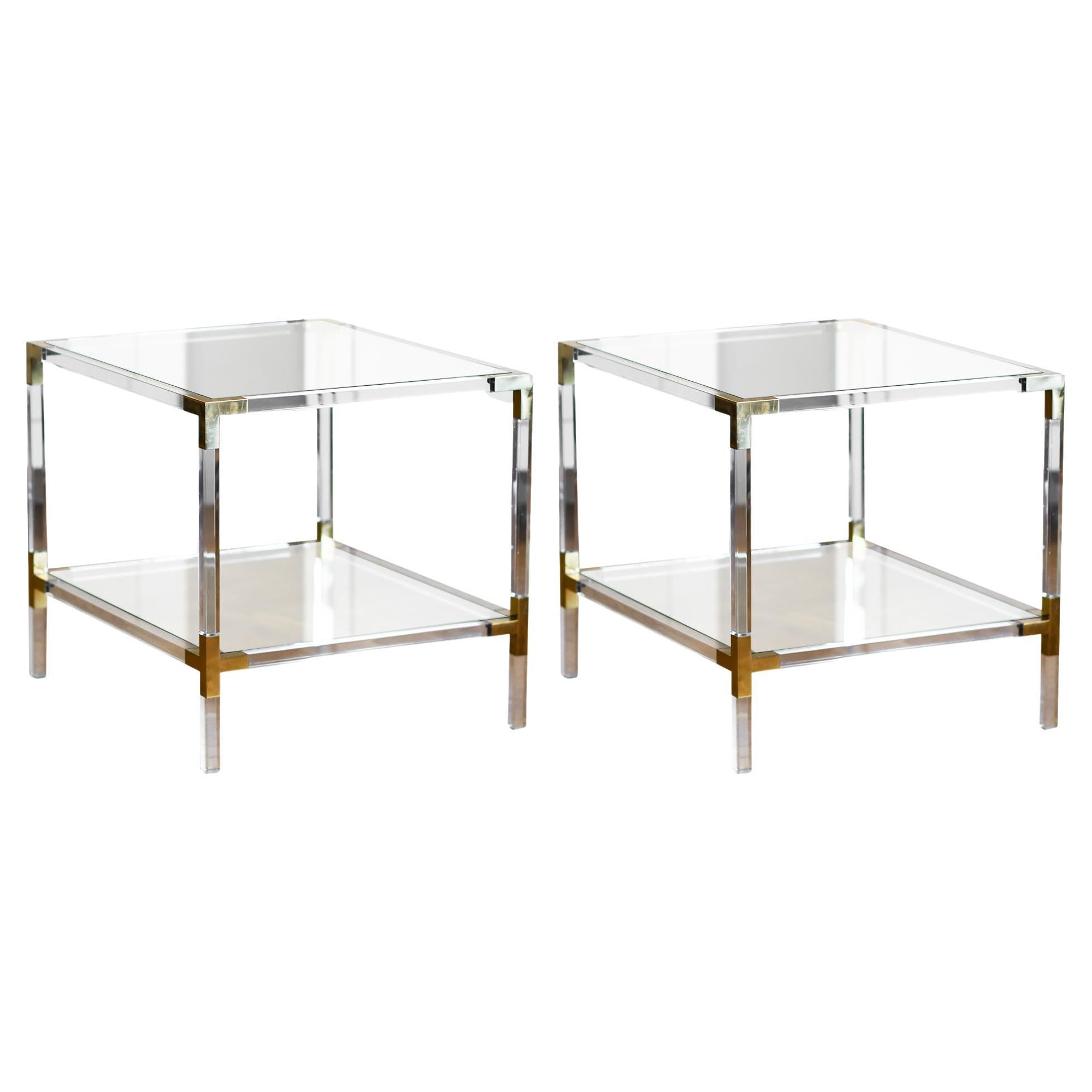 Couple of Plexi Coffee Tables with Brass Details and Crystal Top, 1980 For Sale