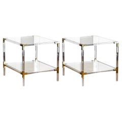 Couple of Plexi Coffee Tables with Brass Details and Crystal Top, 1980