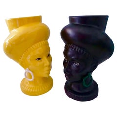 Couple of Pop Moorish Head, Handmade in Sicily, Vase, Size M, Black, Yellow