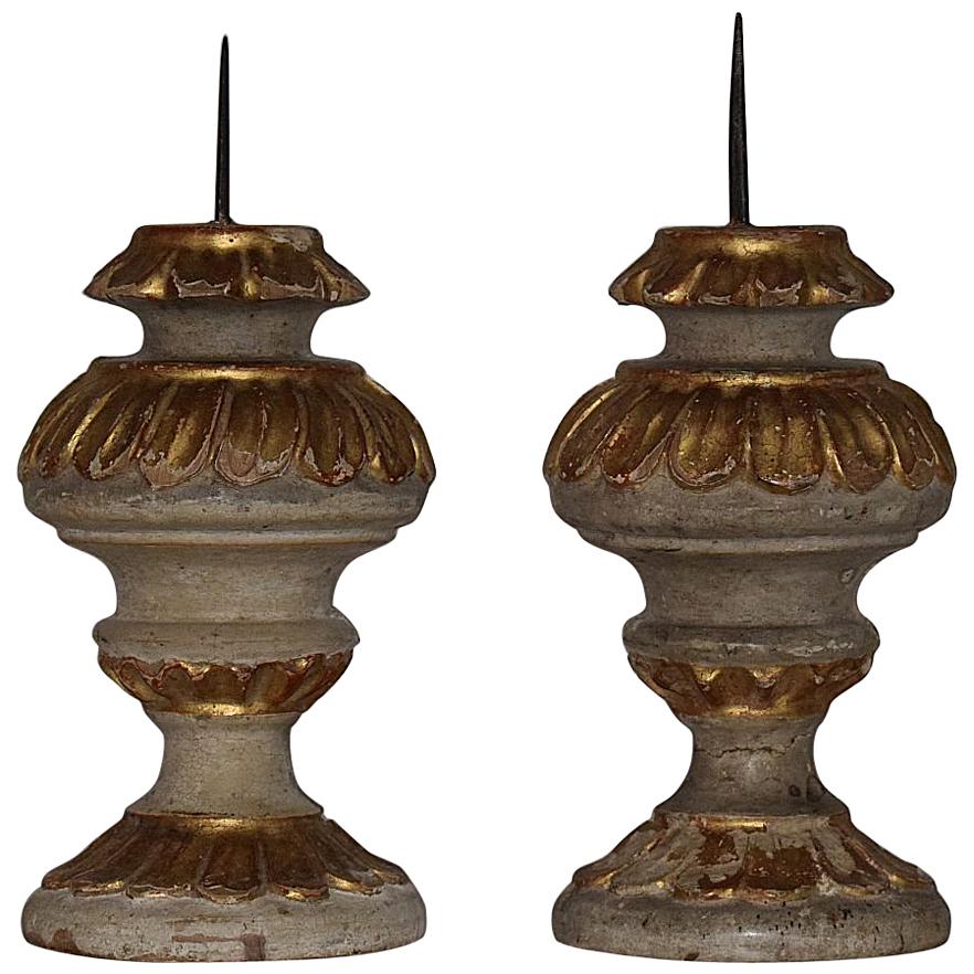 Couple of Small 18th Century Italian Carved Baroque Candleholders / Candlesticks