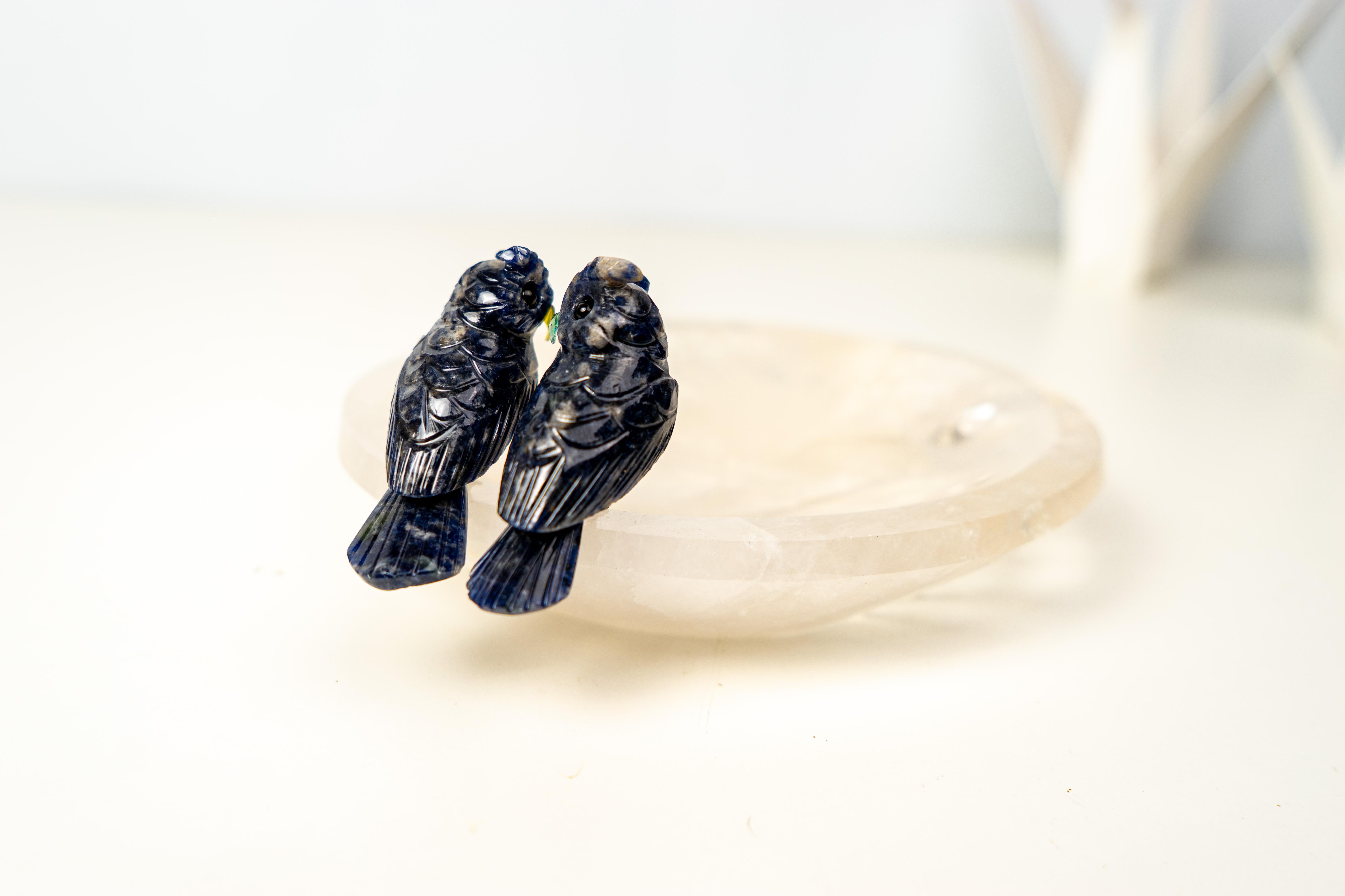 Couple de hiboux en cristal de Sodalite sur un bol en quartz clair en vente 6
