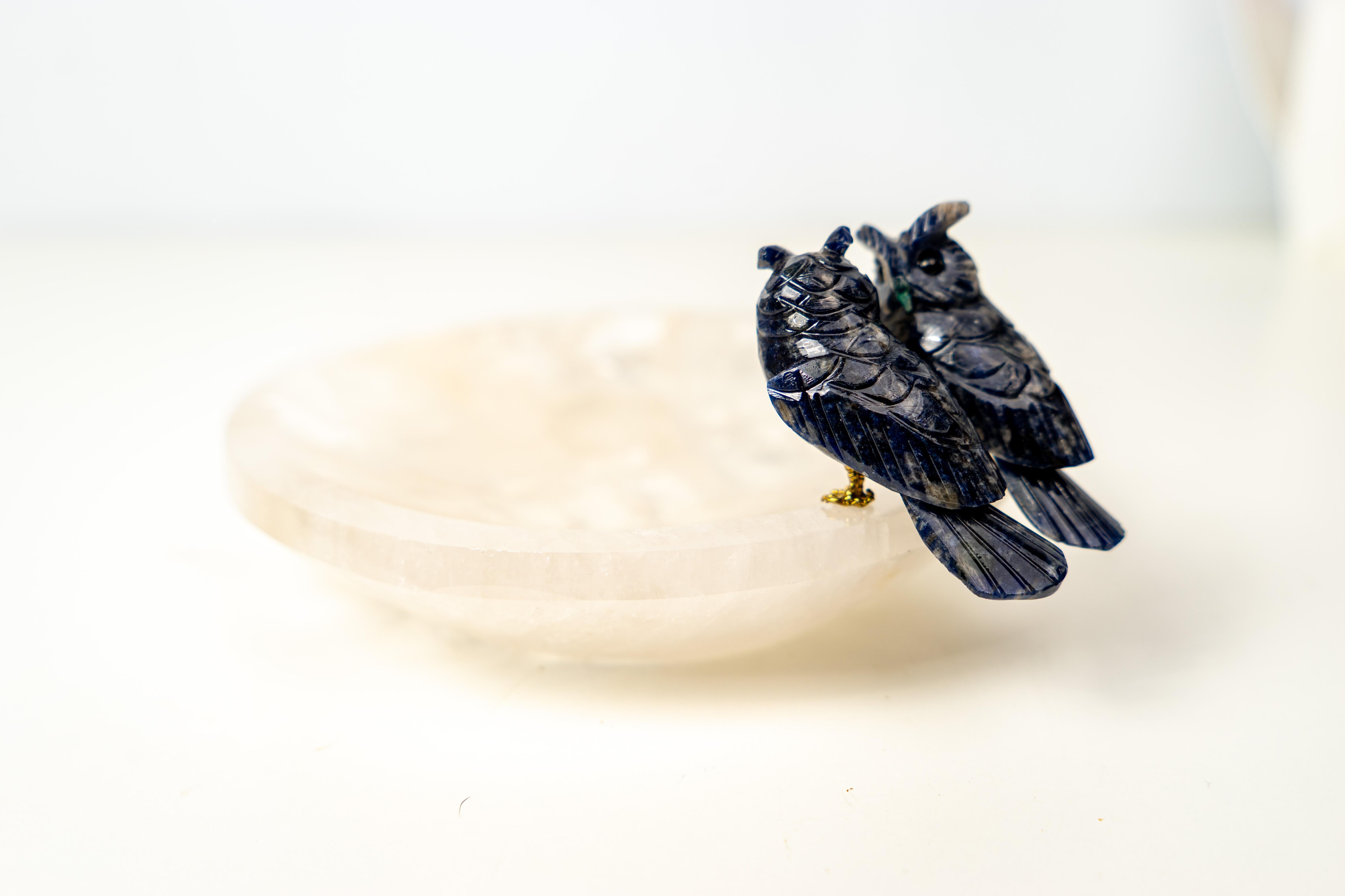 Délicate paire de hiboux sculptés en sodalite, posés sur une coupe en quartz clair

▫️ Description

Représentant un couple de hiboux brésiliens, ce bol sculpté à la main s'inspire de la riche faune du pays et est fabriqué exclusivement à partir de