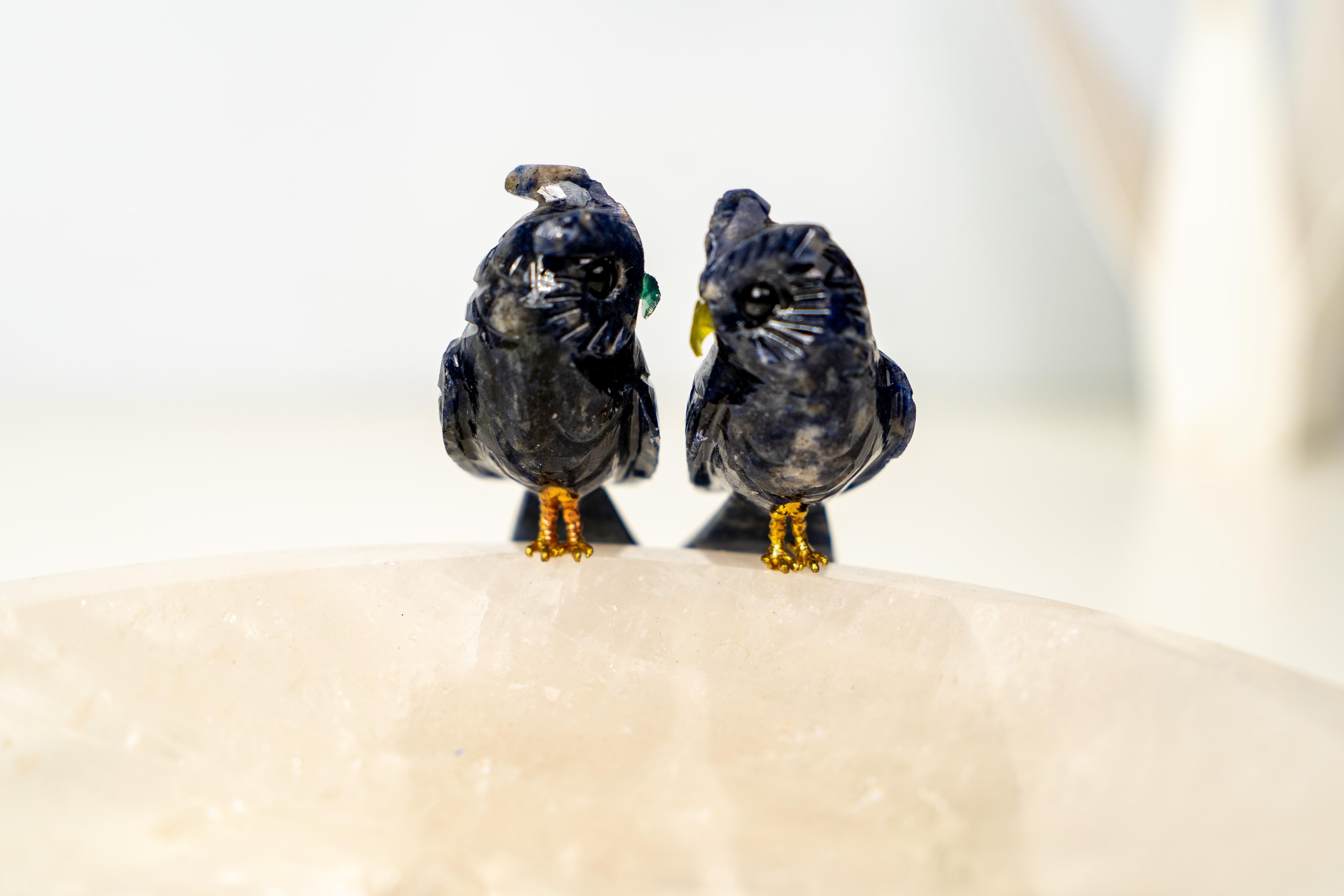 XXIe siècle et contemporain Couple de hiboux en cristal de Sodalite sur un bol en quartz clair en vente