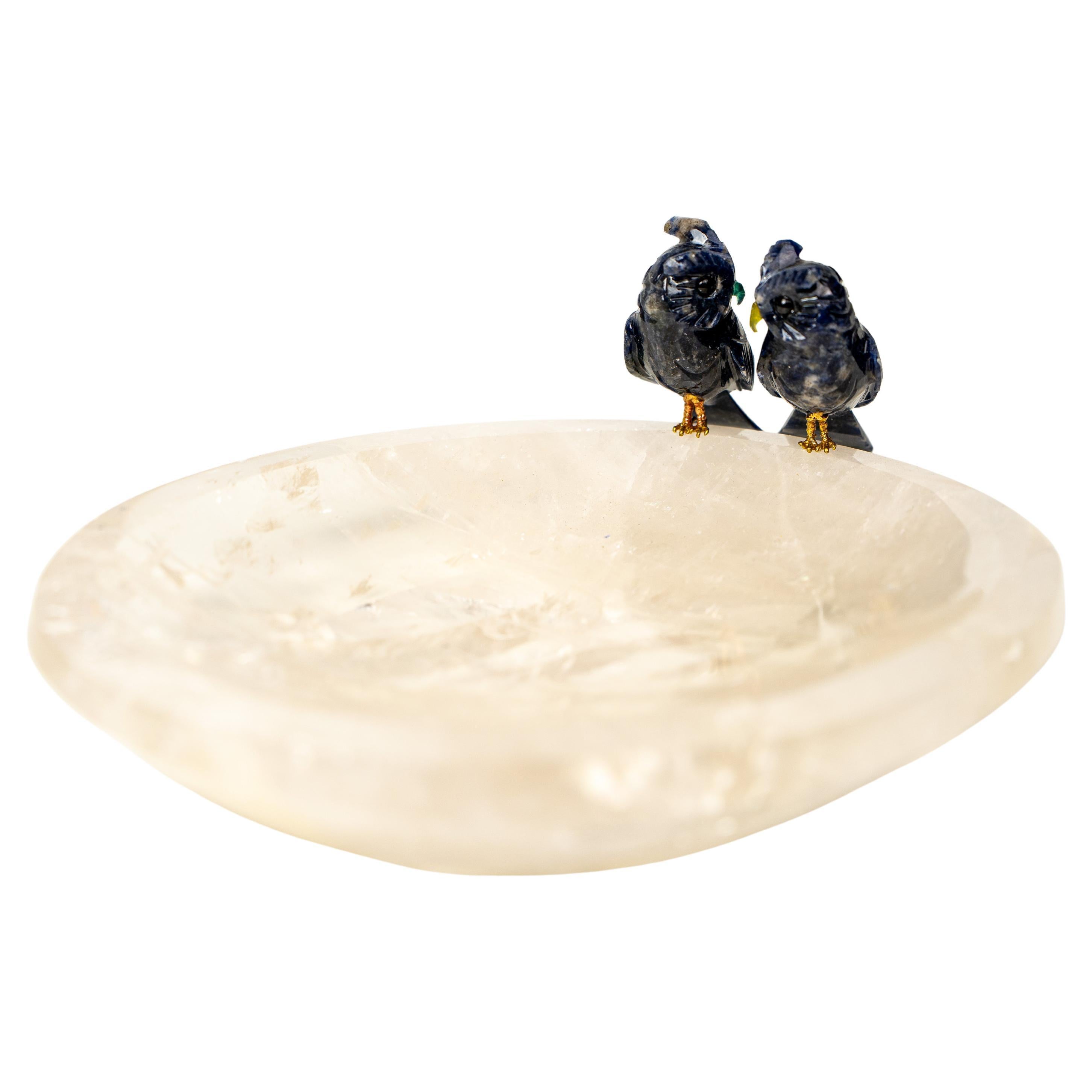 Couple of Sodalite Crystal Owls on a Clear Quartz Bowl