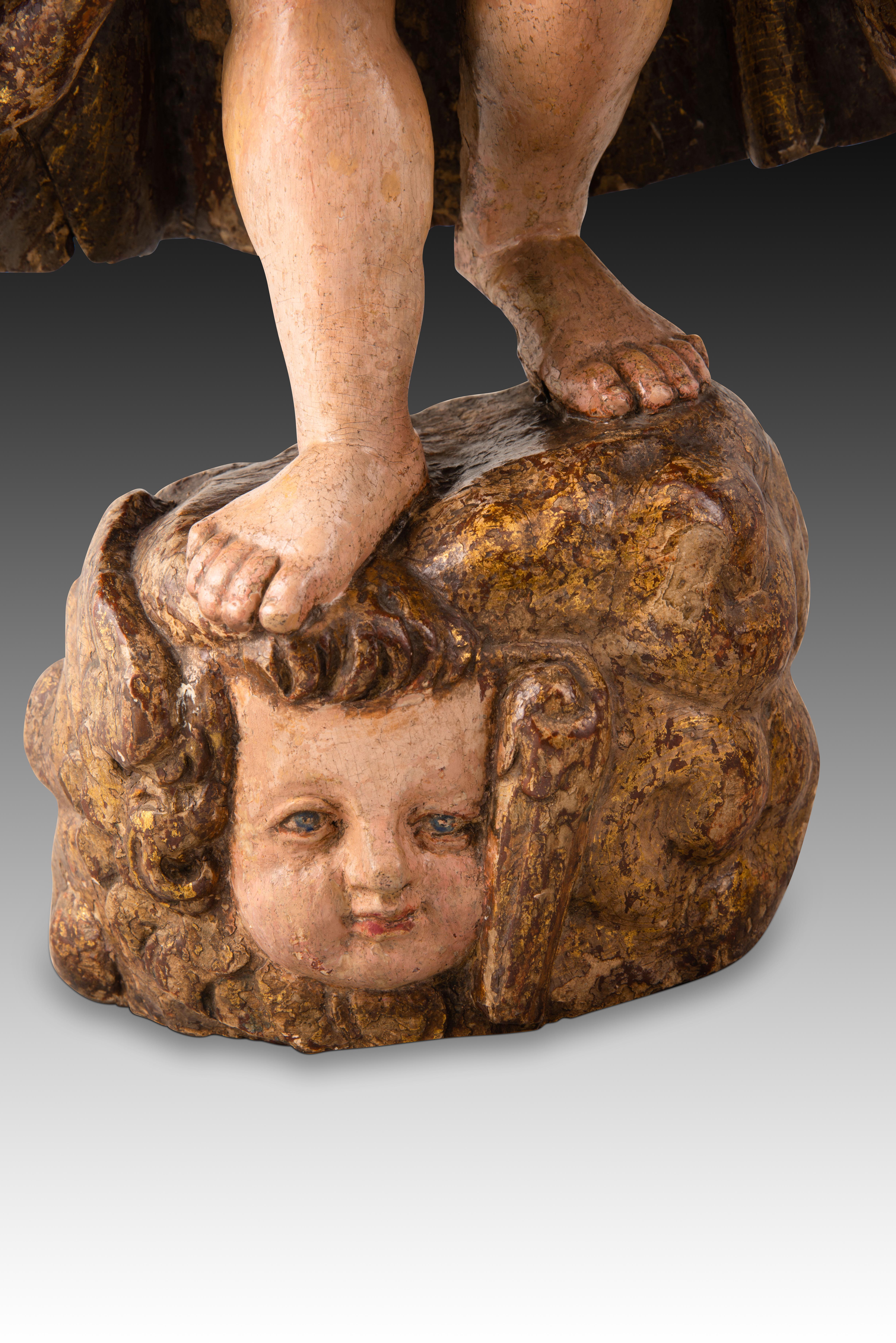 Couple d'anges torcheurs. Bois sculpté et polychrome. École espagnole, 17e siècle en vente 2