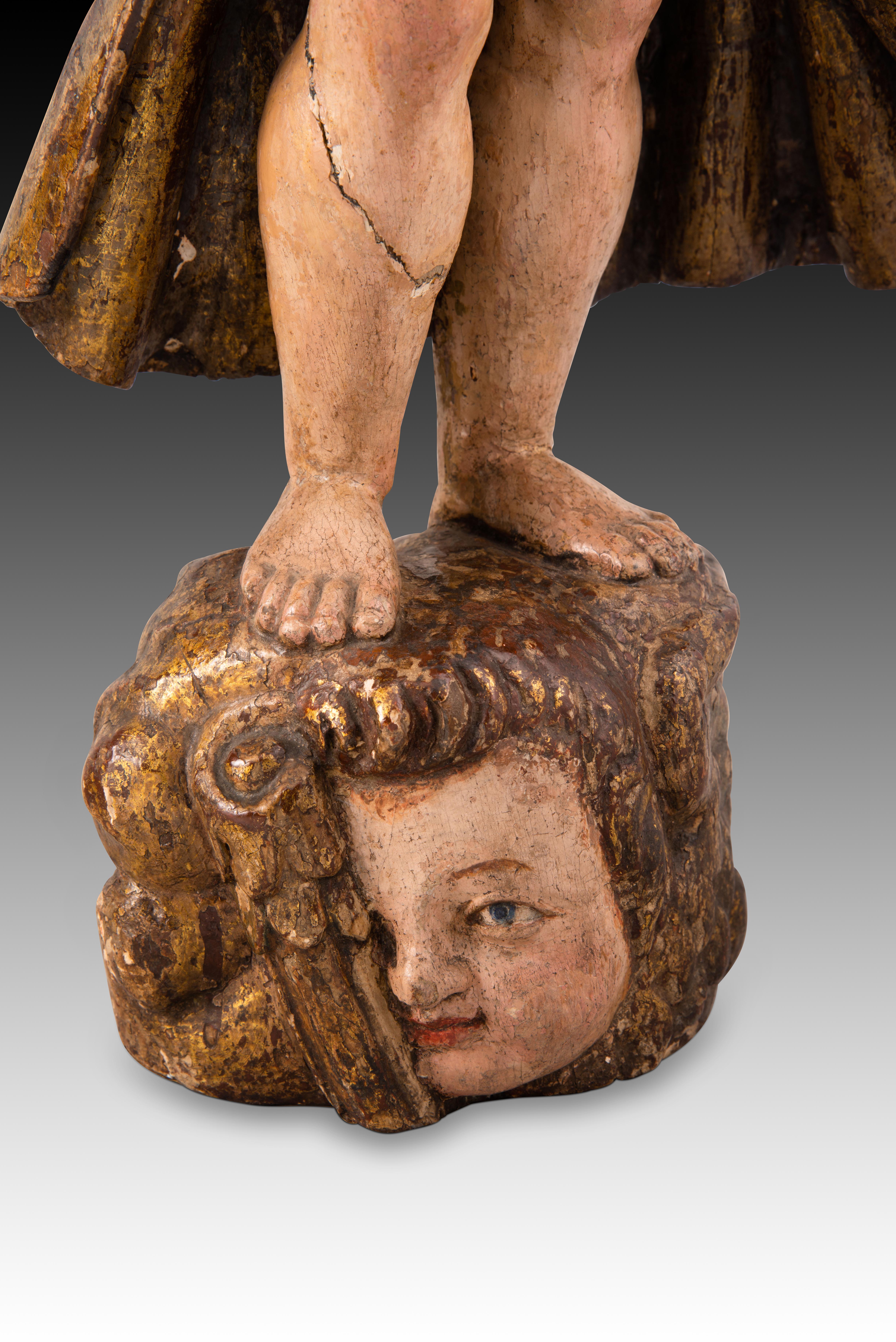 Couple d'anges torcheurs. Bois sculpté et polychrome. École espagnole, 17e siècle en vente 3