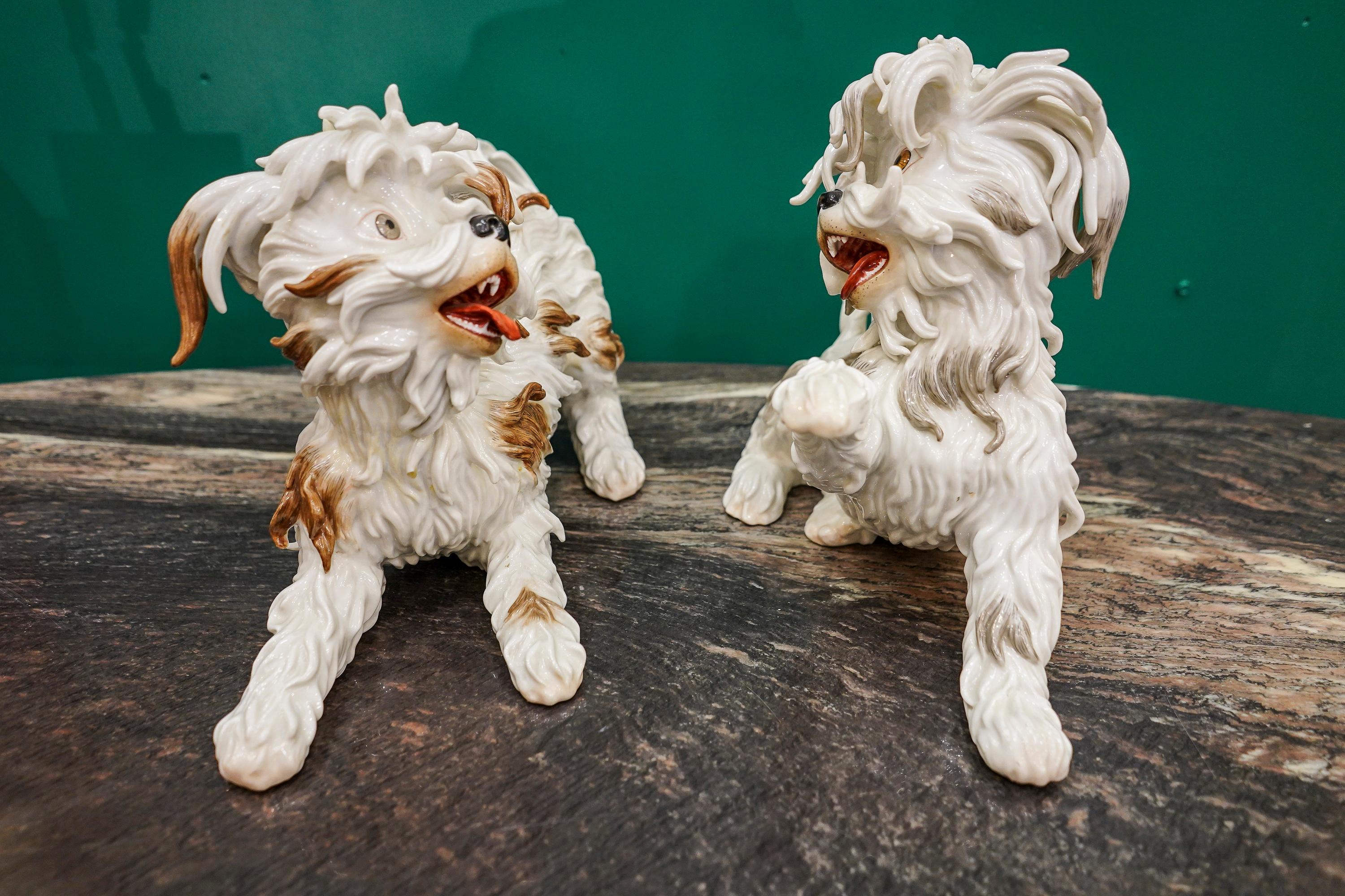 Mid-Century Modern Couple of White Spanish Algora Porcelain Playing Dogs, Midcentury