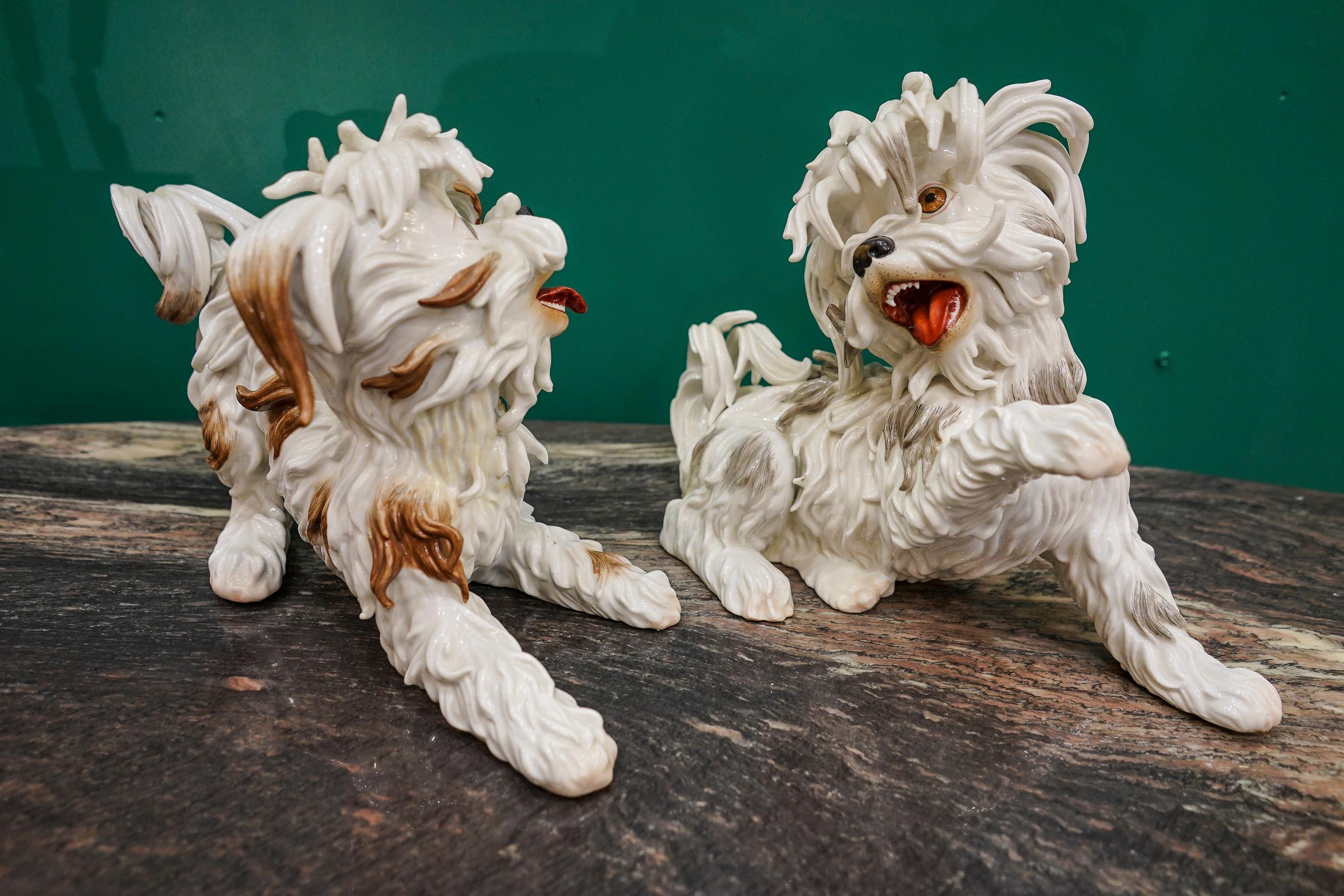 Hand-Crafted Couple of White Spanish Algora Porcelain Playing Dogs, Midcentury