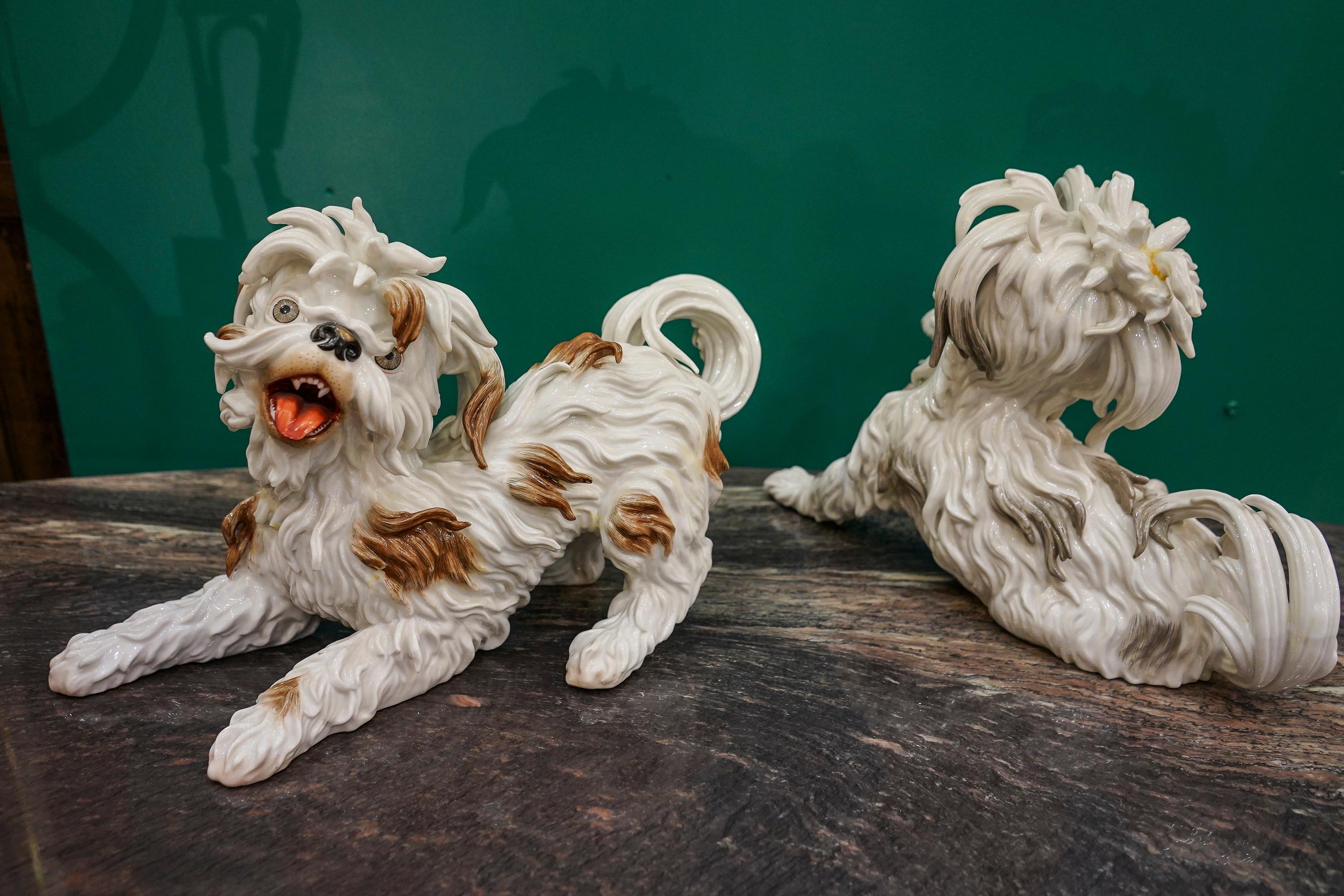 Couple of White Spanish Algora Porcelain Playing Dogs, Midcentury 1