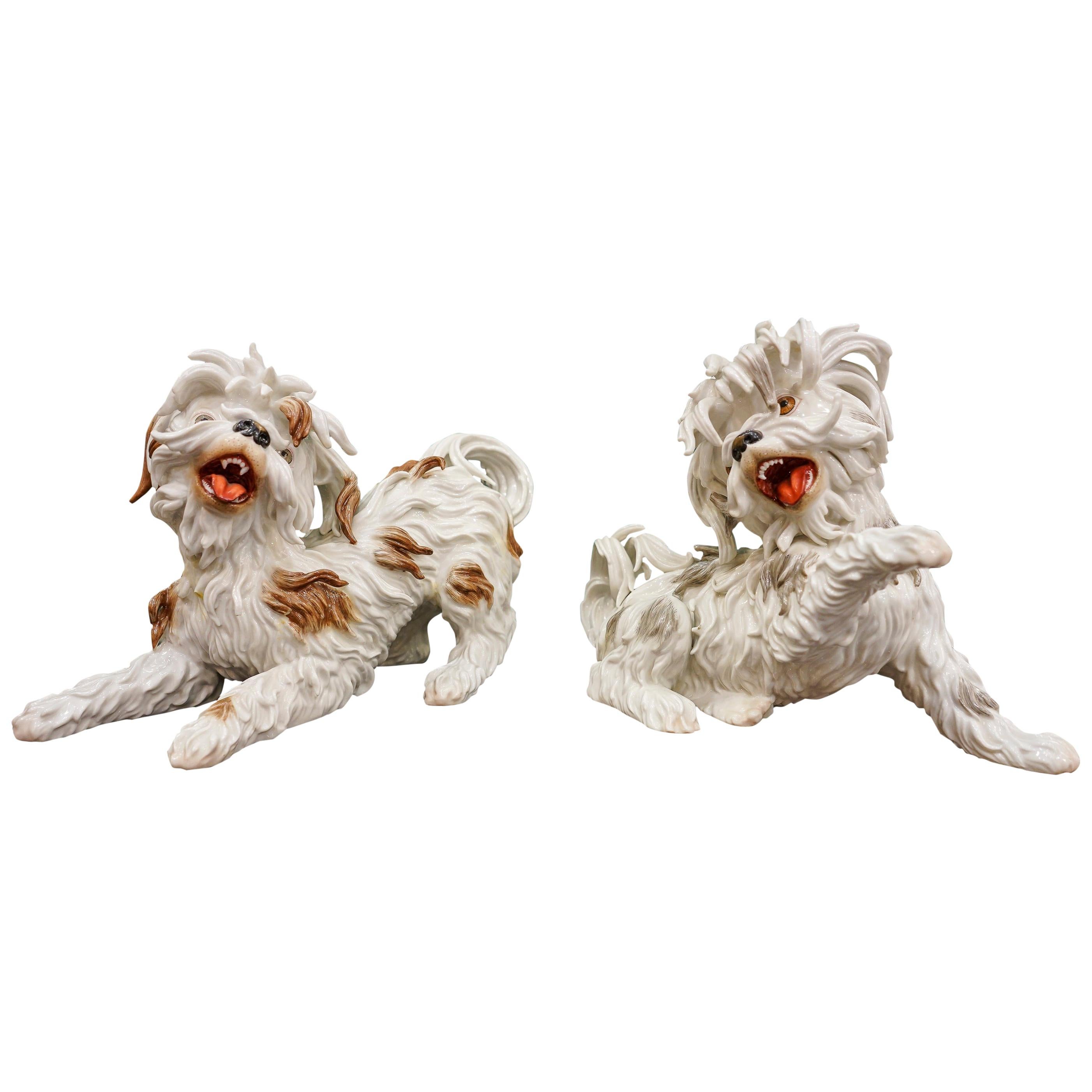 Couple of White Spanish Algora Porcelain Playing Dogs, Midcentury
