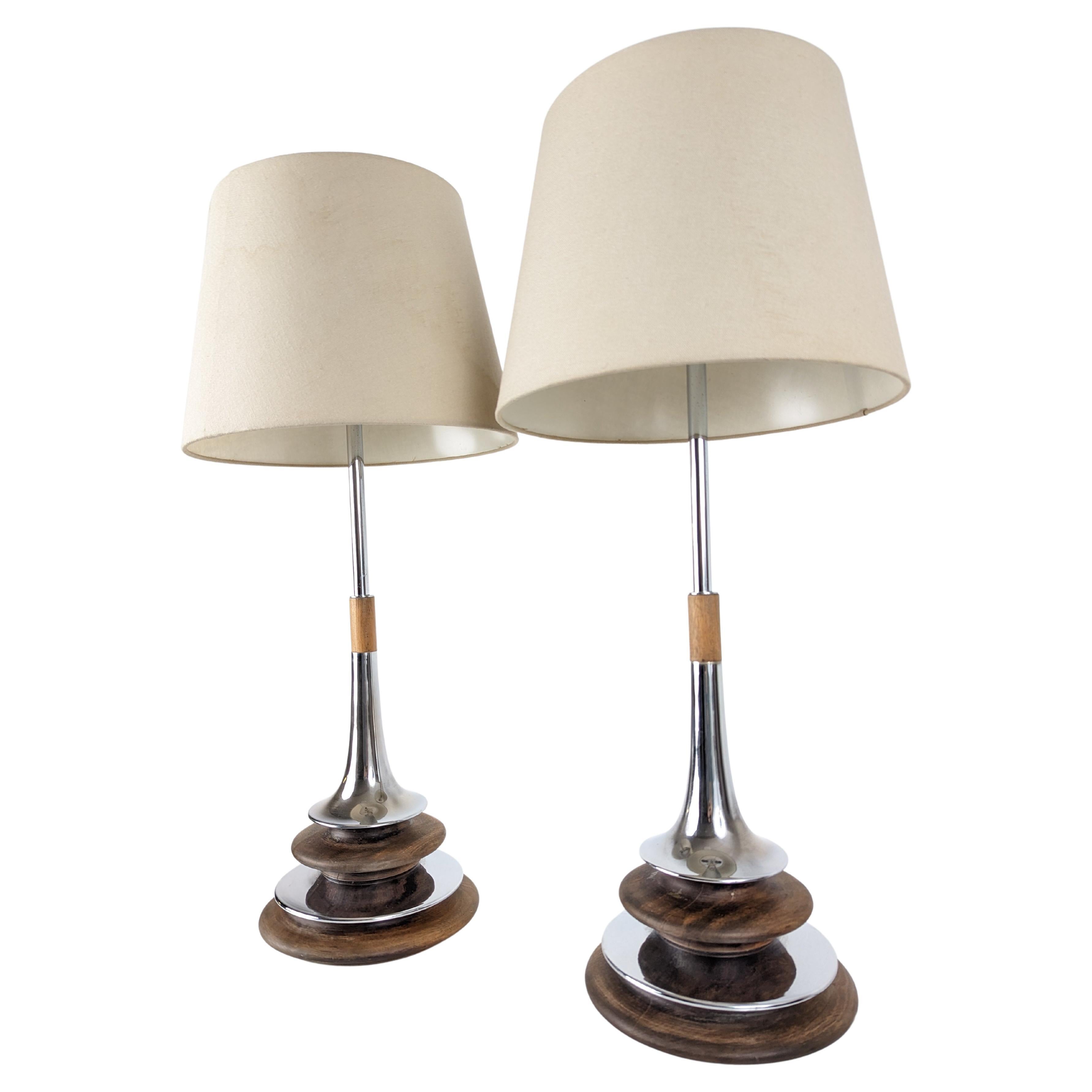 Couple of Wood Lamps and Chromed by Laurel, 1960s For Sale