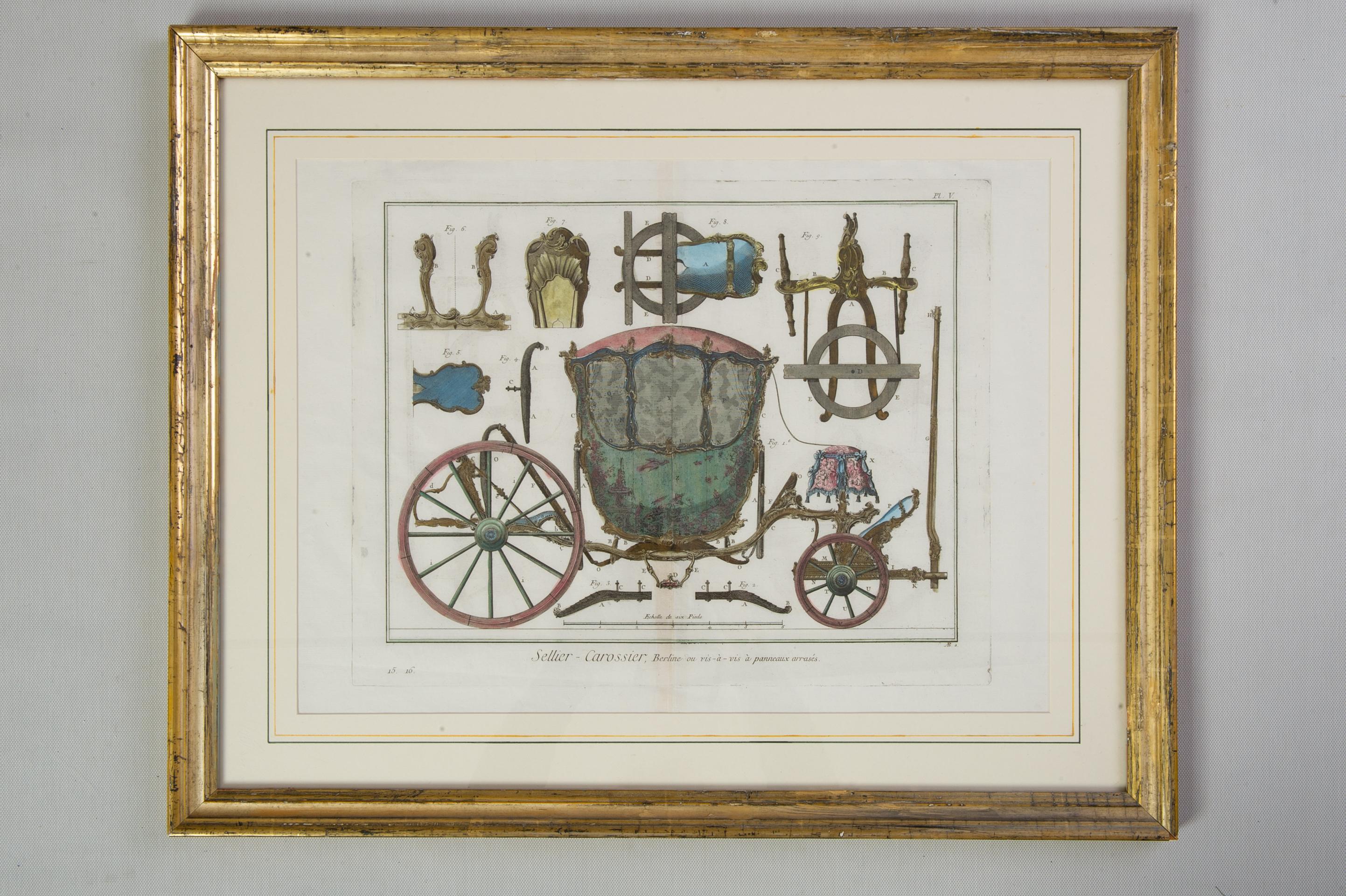ST/530 - French Horsemanships 1774-1775 engravings by the famous Diderot & D'Alembert Encyclopedie - Paris -
They are the only two engravings of carriages in the intere Encyclopedia, therefore I framed them with two antique frames in gilded